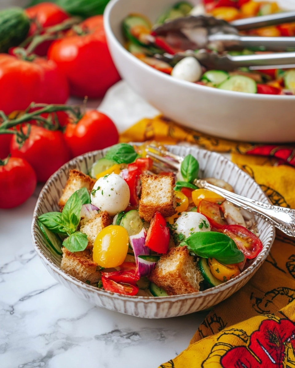 A bowl with a rough textured edge holds a mixed salad of four layers: the bottom layer shows light brown crispy bread cubes, the second layer contains green cucumber slices with rough edges, the third layer features bright red and yellow tomato pieces with some onion slices mixed in, and the top layer is decorated with fresh green basil leaves and white mozzarella balls scattered around. A fork rests inside the bowl, and in the background, a larger white bowl filled with the same salad and metal tongs is partially visible, all placed on a white marbled surface along with red tomatoes on the vine and a yellow cloth with red and black patterns. Photo taken with an iphone --ar 4:5 --v 7