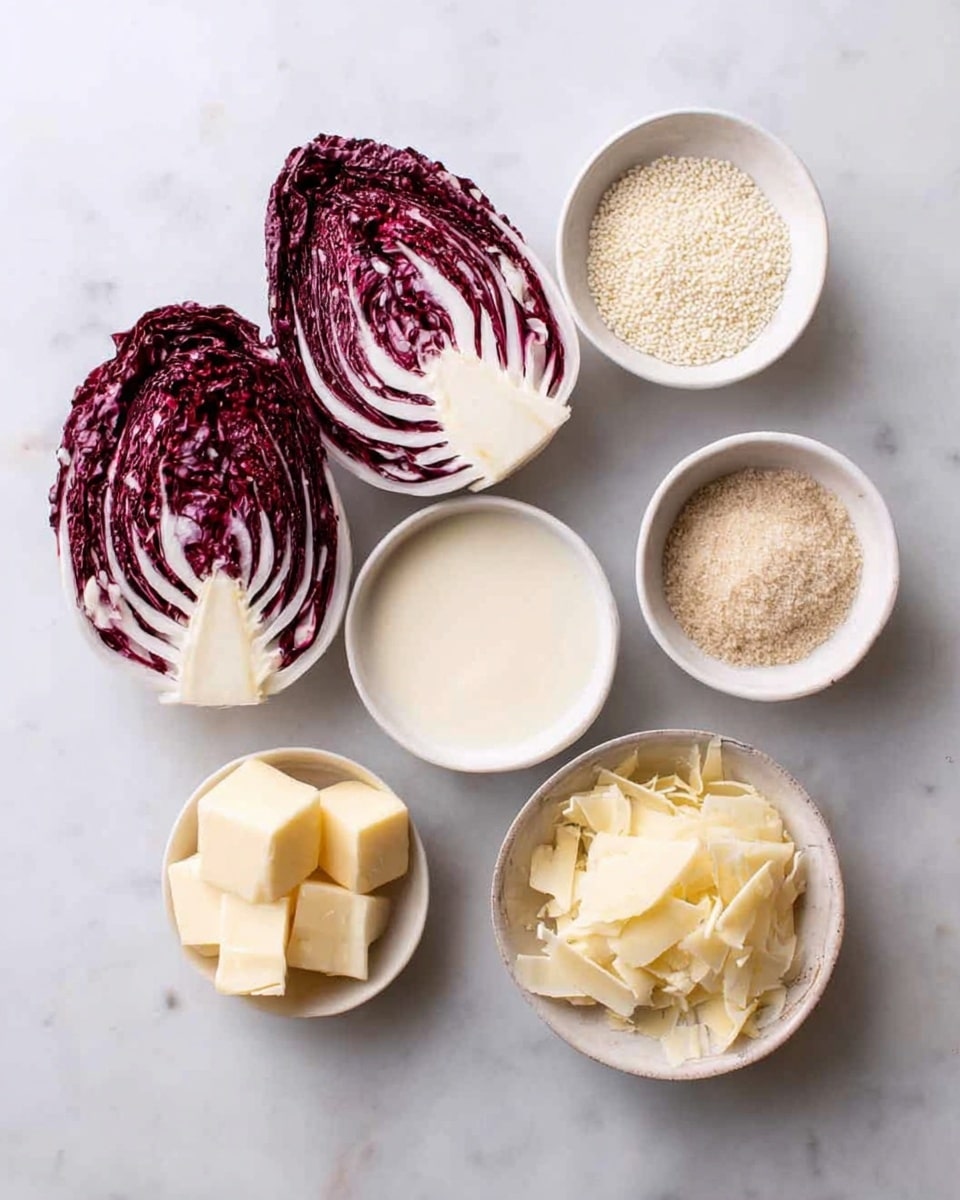 The image shows ingredients arranged neatly on a white marbled surface. There are two halves of radicchio with deep red and white curly leaves positioned at the top left. Surrounding them are five small white bowls: one filled with tiny white grains, another holding creamy white sauce, a third containing pale yellow butter squares, a fourth with light brown powder, and the last bowl holding thin, pale yellow shaved pieces. The arrangement is clean and simple, highlighting the texture and color differences of each ingredient. Photo taken with an iphone --ar 4:5 --v 7