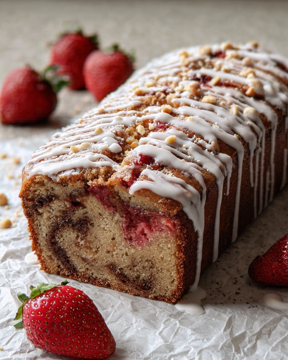 The image shows a rectangular cake with three visible layers: the bottom layer is light brown with darker swirls, the middle layer is a mix of light brown and red, and the top layer is a golden brown with pieces of red strawberries embedded in it. White icing is drizzled on top, unevenly flowing down the edges in thin lines. Small nut pieces are scattered on the top along with fresh whole strawberries placed nearby on a white marbled surface. The cake sits on crumpled white parchment paper. photo taken with an iphone --ar 4:5 --v 7