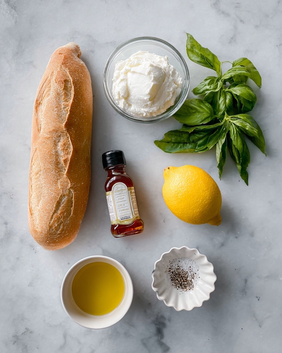 The image shows six ingredients laid out on a white marbled surface. On the left is a whole baguette with a light brown crust, its texture soft and slightly wrinkled. Next to it, at the top center, is a small clear glass bowl filled with smooth white ricotta cheese. To the right of the ricotta is a small bunch of fresh basil leaves, bright green and slightly shiny. Below the ricotta is a whole lemon with bright yellow, slightly textured skin. Below the lemon, there is a small plastic bottle of honey with a dark amber color and a black lid. On the lower left side, there is a white cup filled with golden olive oil, smooth and glossy. On the lower right, there is a small white scalloped bowl with a mix of coarse salt and black pepper inside. The lighting is soft and natural, with no shadows. Photo taken with an iphone --ar 4:5 --v 7