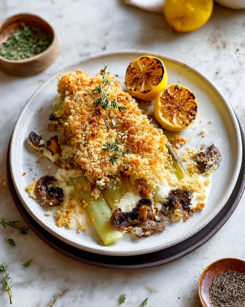 The image shows a white plate on a white marbled surface with layers of a baked dish. The bottom layer consists of cooked, tender pale green stalks, possibly leeks, topped with a layer of dark brown mushrooms. Above the mushrooms, there is a thick layer of white melted cheese mixed with creamy sauce. The top layer features a golden-brown crispy breadcrumb coating sprinkled unevenly, with some green thyme leaves scattered on top. Two charred lemon halves, showing a bright yellow color with black grill marks, are placed on the plate; one is to the side while the other rests on the dish. The plate is on top of a dark plate, and there are small bowls with green herbs and black pepper nearby. The lighting is bright, enhancing the warm, crispy texture and colors. photo taken with an iphone --ar 4:5 --v 7