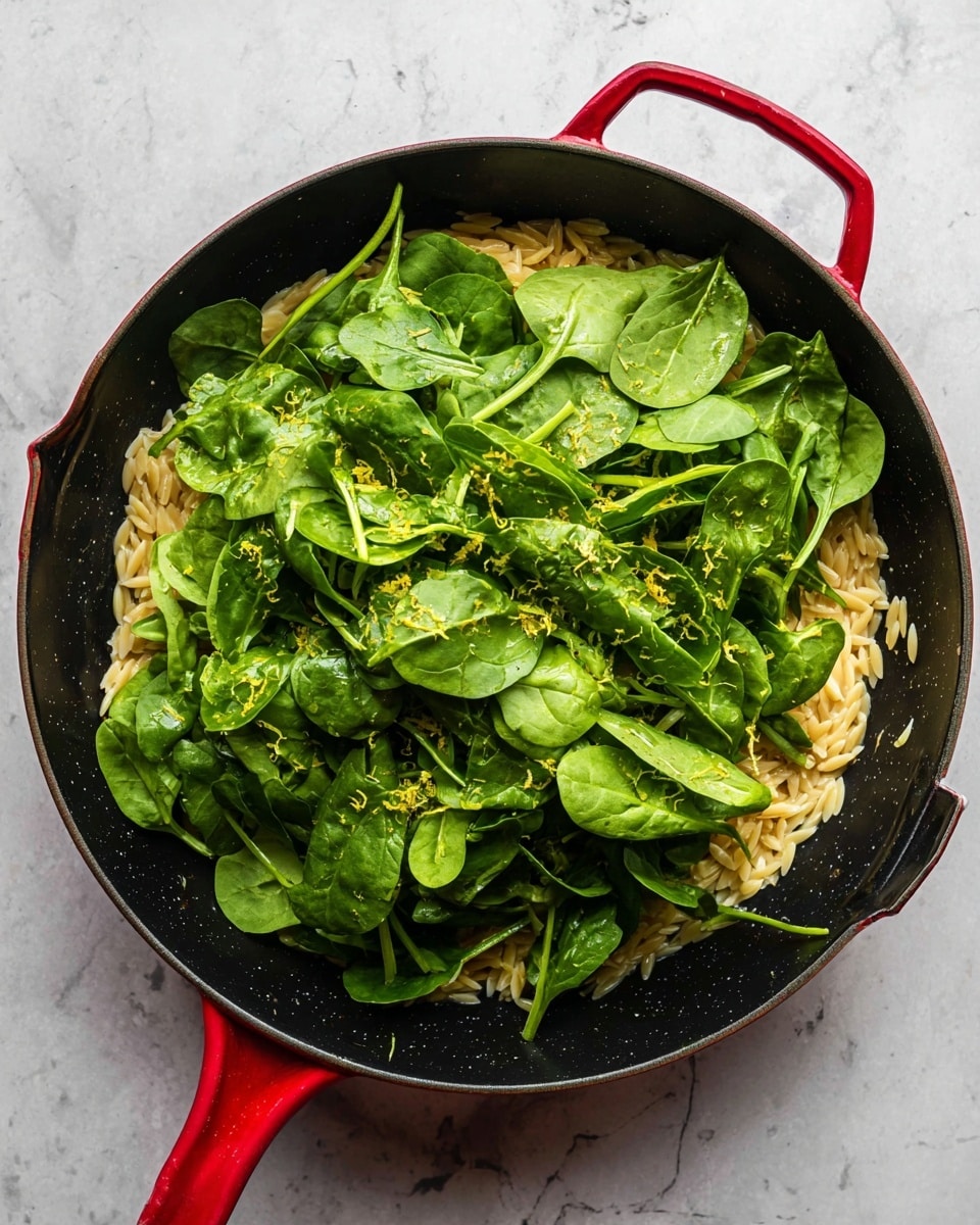 A black pan with a bright red handle holds a dish with two visible layers. The bottom layer is a creamy light brown or beige orzo pasta, soft in texture, spread evenly across the pan. On top, there is a fresh, vibrant green layer of baby spinach leaves with a shiny light dressing that adds a bit of gloss and specks of yellow zest, scattered loosely. The pan is on a white marbled surface photo taken with an iphone --ar 4:5 --v 7
