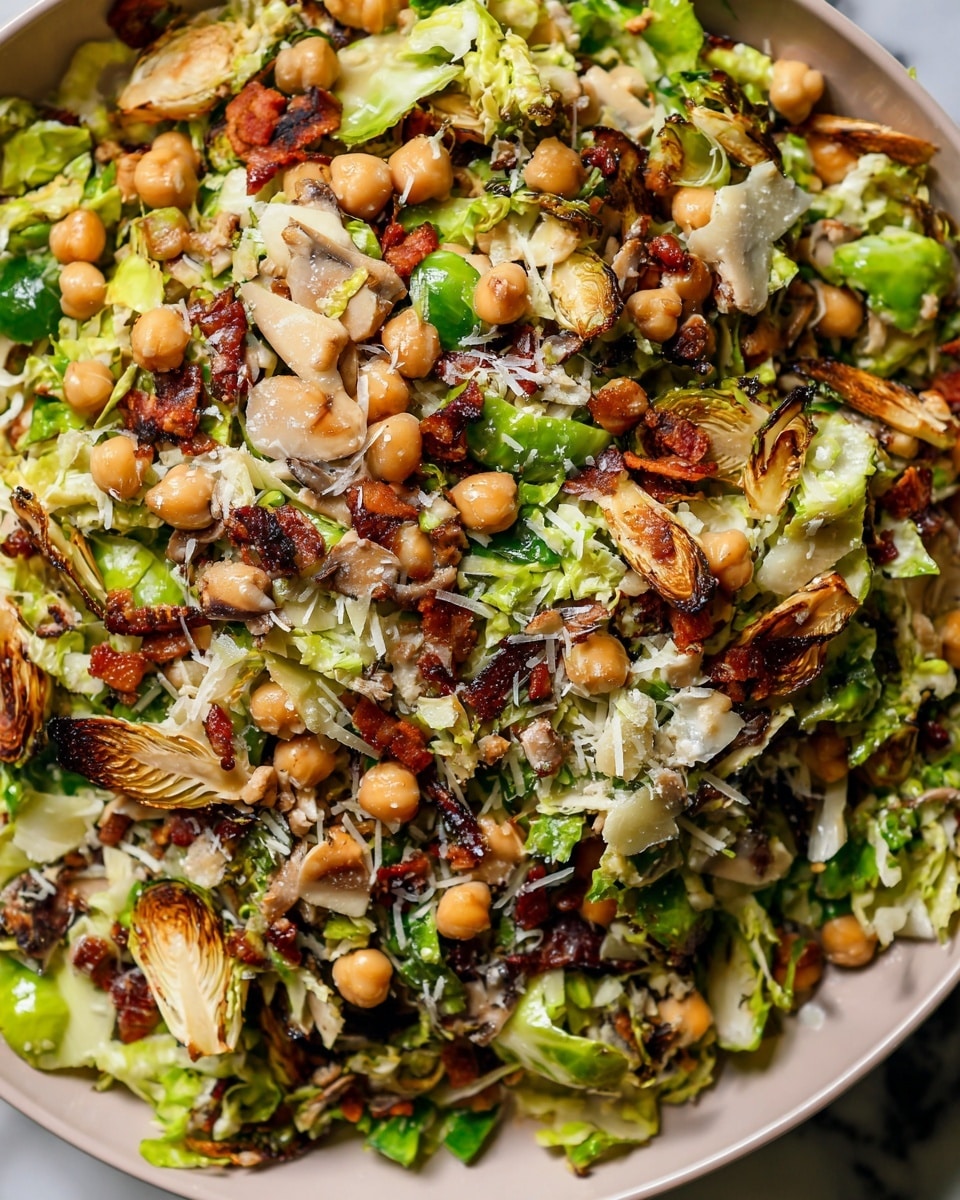 This image shows a close-up of a mixed salad with many layers and colors. The base layer is made of chopped green vegetables like Brussels sprouts, which look fresh and light green. On top of this are round beige chickpeas scattered all over, adding a smooth texture. Mixed within are reddish-brown toasted almonds, cut into thin slices, that provide a crunchy contrast. Large pieces of slightly charred Brussels sprouts add darker brown patches with a rough texture on top. Thinly sliced pieces of light-colored mushrooms are also mixed in, adding a soft texture. Small bits of white shredded cheese are sprinkled lightly across the whole dish. The salad is served in a white bowl and set on a white marbled background. photo taken with an iphone --ar 4:5 --v 7
