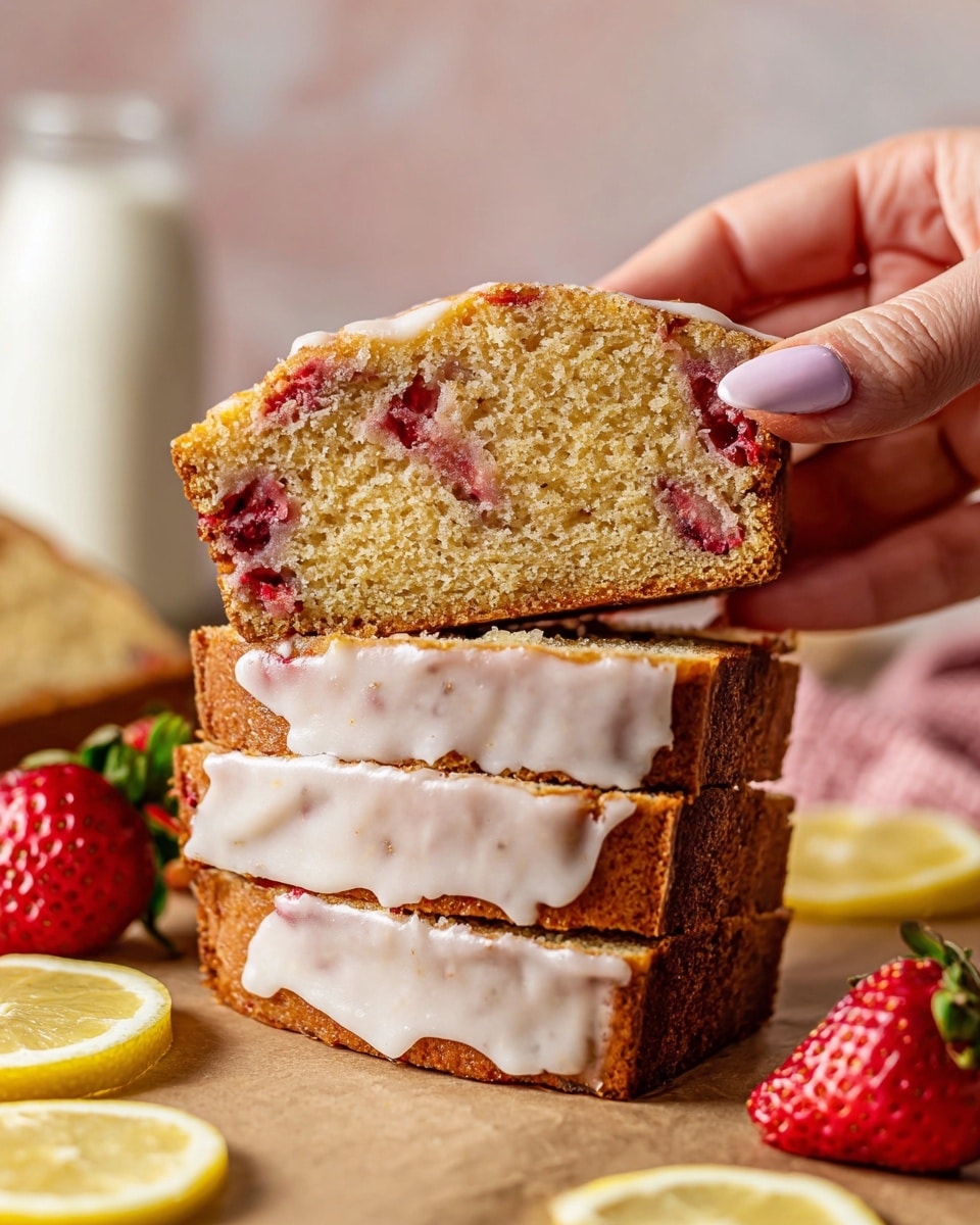 The image shows a close-up of four stacked slices of lemon strawberry cake with white icing on the top edges. The cake is light golden brown with visible pieces of red strawberries inside. A woman's hand with light pink nails is holding the top slice from the right side. Around the cake, there are fresh strawberries and sliced lemon wedges placed on a brown paper surface, all set against a soft white marbled background. A blurred bottle of milk is visible in the background. photo taken with an iphone --ar 4:5 --v 7