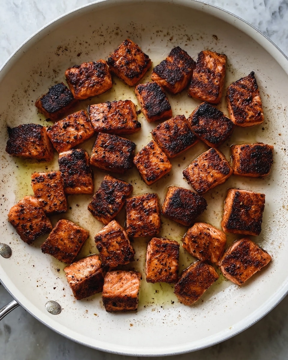 A white pan filled with about 25 small, square pieces of cooked salmon, each piece showing a dark brown and slightly blackened crust with a reddish-orange inside. The salmon is spread evenly across the pan with a light layer of oil glistening on the surface. The texture of the salmon looks crispy on the outside and soft inside. The pan rests on a white marbled surface. photo taken with an iphone --ar 4:5 --v 7