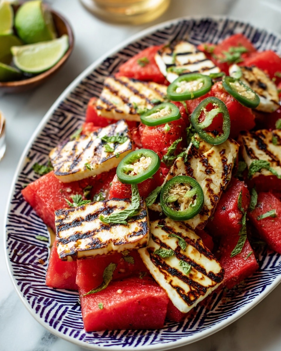 The dish shows a white plate with dark blue zigzag patterns filled with about two layers of triangular bright red watermelon pieces and light golden-brown grilled halloumi cheese slices that have dark char lines. The watermelon is topped with thin green mint strips and small circular slices of green jalapeño pepper spread evenly over both watermelon and cheese. The plate sits on a white marbled surface with a small blurred bowl of lime wedges in the background on the left side. photo taken with an iphone --ar 4:5 --v 7