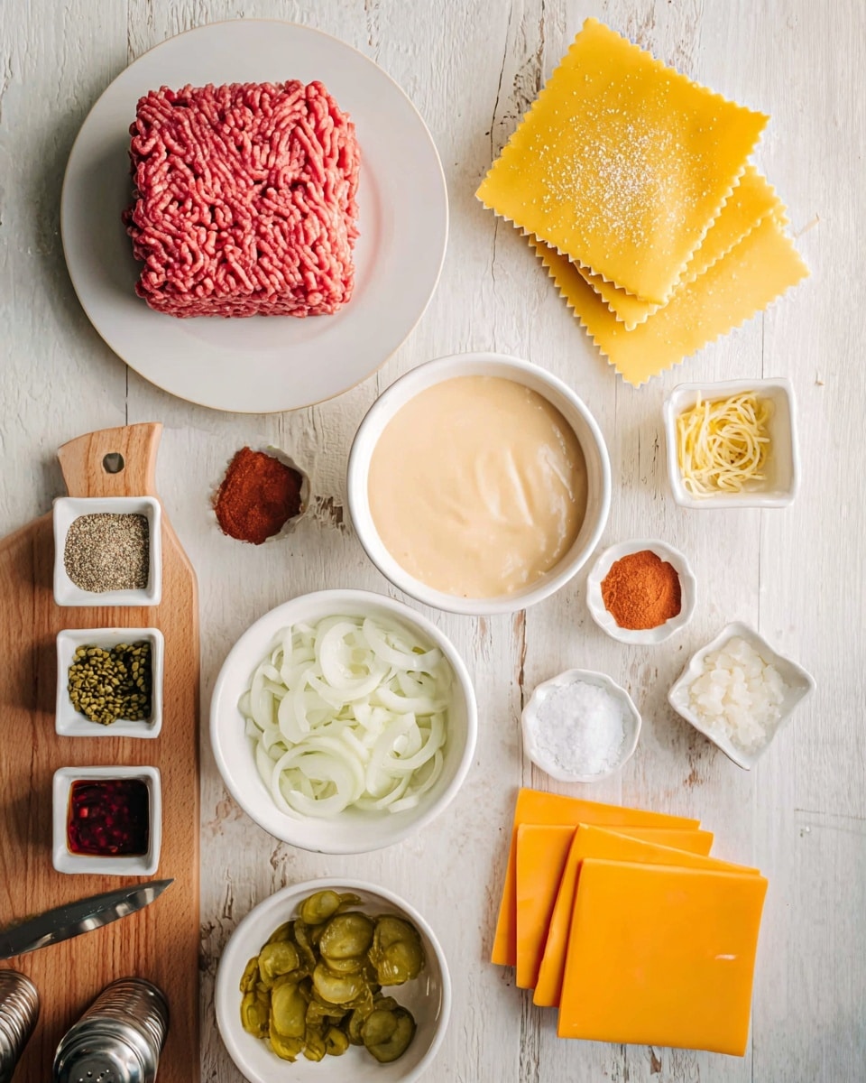 The image shows a top view of several ingredients neatly arranged on a white marbled textured surface. On the upper left, there is a white plate holding a square mound of fresh ground beef with a pink-red color and a bumpy texture. To the right, there are two square yellow pasta sheets stacked with a dusting of flour underneath. In the middle, a white bowl contains a creamy, smooth pale beige sauce. Surrounding this bowl are small white ramekins filled with various spices and condiments, including finely chopped green pickles, white powder, red powder, beige powder, mustard, and ketchup. Below are slices of orange cheddar cheese stacked in a slightly spread layout. Lower left, there is a white bowl full of finely chopped white onions. Nearby, a small white bowl contains yellow-green pickle slices. At the bottom left corner, two grinders and a small salt container sit on a wooden board. The entire setup has an organized, clean look with soft natural lighting. Photo taken with an iphone --ar 4:5 --v 7