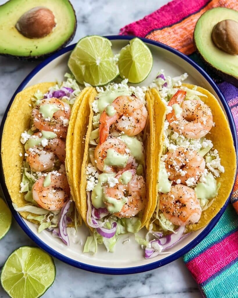 Shrimp Tacos with Cilantro Avocado Sauce and Oregano Lime Slaw Recipe