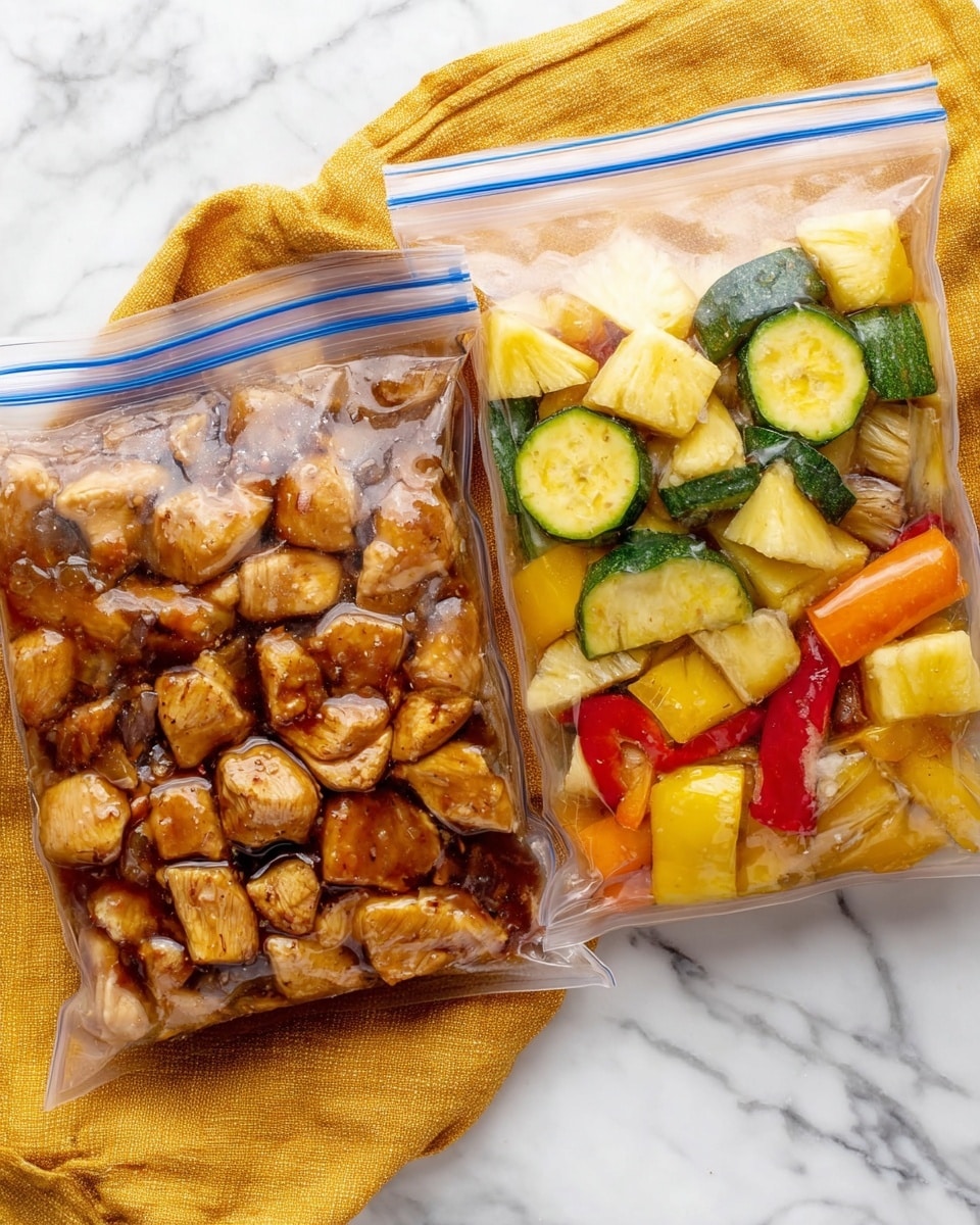 The image shows two clear ziplock bags placed on a white marbled surface. The bag on the left holds multiple pieces of light beige chicken marinated in a dark brown sauce, with the sauce evenly coating the chicken chunks. The bag on the right contains multi-colored vegetables including green zucchini slices on top, orange-yellow pieces of pineapple, yellow and orange bell pepper strips, and red bell pepper chunks, all mixed with a light marinade that gives a glossy finish to the vegetables. Both bags are sealed and rest on a white marbled surface with a mustard yellow cloth partially visible under the left bag photo taken with an iphone --ar 4:5 --v 7