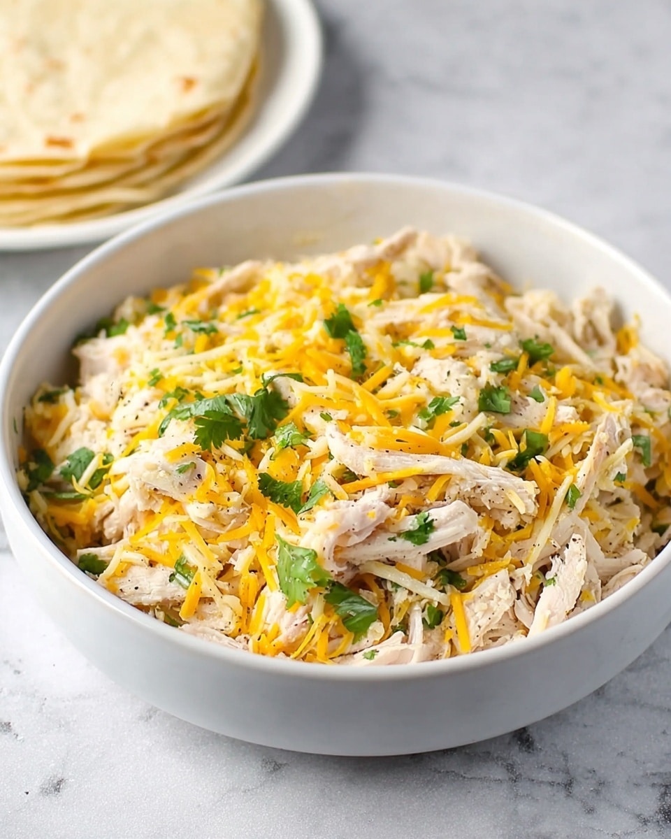 The image shows a white bowl filled with a mixed dish featuring three main layers. The bottom layer appears to be shredded cooked chicken pieces that are pale and tender, spread evenly across the bowl. The middle layer is a generous amount of shredded cheese in yellow and white colors, providing a textured and slightly soft look. Scattered green cilantro leaves add a splash of fresh color evenly across the dish. A light sprinkle of black pepper is visible on top, giving an added touch of detail. All of this is placed on a white marbled surface, and in the background, a stack of round tortillas on a white plate can be seen blurred. Photo taken with an iphone --ar 4:5 --v 7
