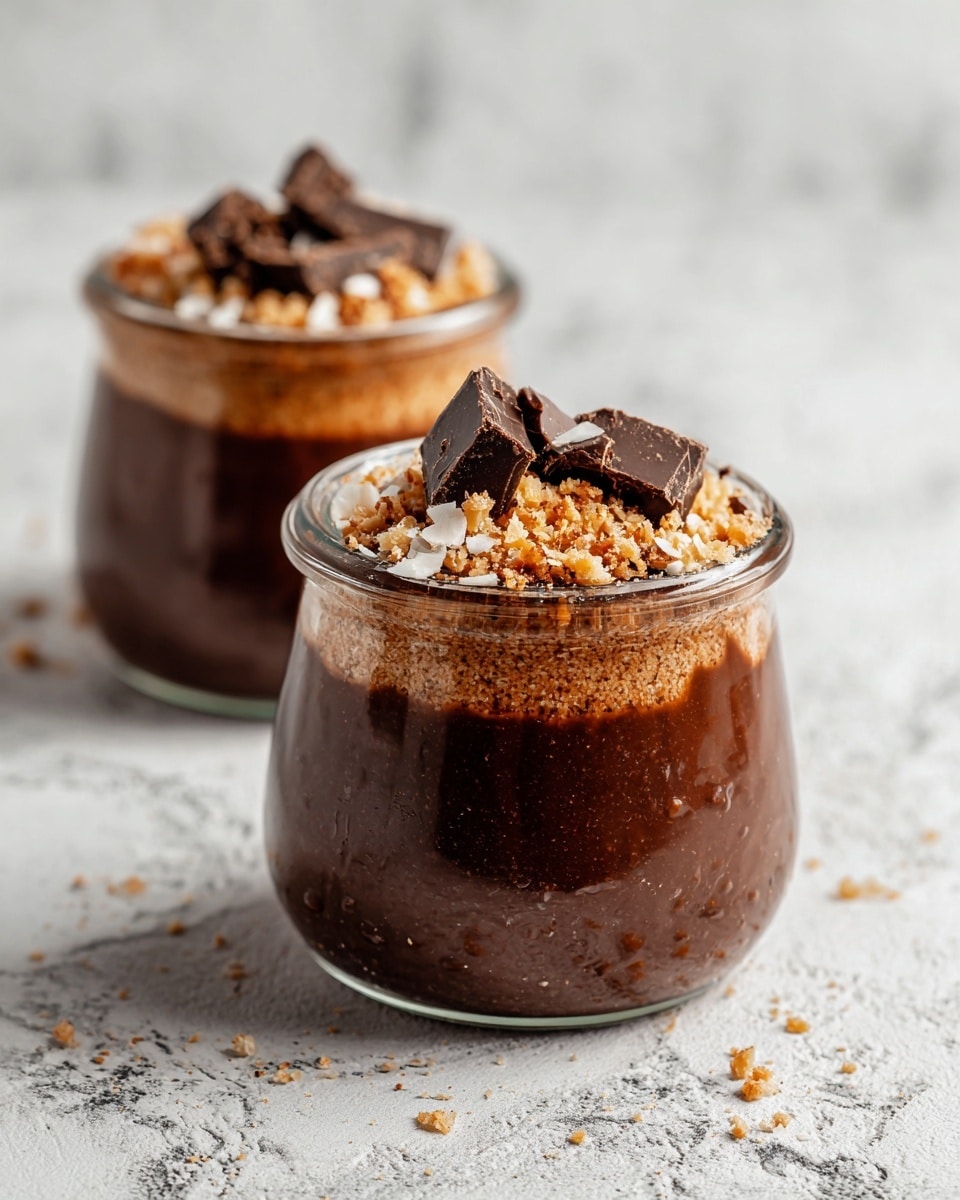 A clear glass jar filled with three layers of chocolate chia pudding, the pudding looks smooth with tiny chia seeds visible throughout. On top of the pudding sits a small pile of dark chocolate shavings and white coconut flakes, arranged loosely. The jar is placed on a white marbled surface with a soft focus on a second jar in the background. The scene has natural light giving a fresh, clean look. photo taken with an iphone --ar 4:5 --v 7