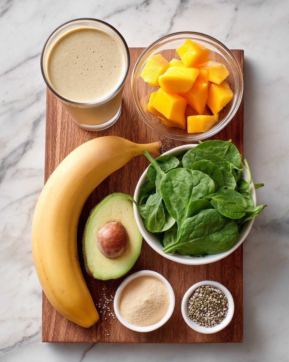 The image shows a wooden board placed on a white marbled surface with several ingredients arranged neatly on top. There is a tall clear glass filled with a creamy beige liquid near the top left, and next to it, on the right, a clear bowl holds bright yellow and orange fruit chunks. Below, a white bowl is filled with fresh green spinach leaves. On the wooden board, a yellow banana is placed diagonally on the left side, next to a halved avocado with its green flesh and brown seed showing. In smaller white bowls near the bottom left and bottom right, there are a light beige powder and seeds with greenish hues, respectively. The setup is clean and simple, highlighting fresh and natural ingredients. photo taken with an iphone --ar 4:5 --v 7