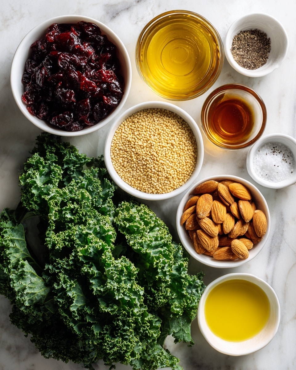 The image shows nine white bowls of different sizes arranged on a white marbled surface. The largest bowl at the bottom left holds fresh green curly kale with a textured leafy surface. Above it, a medium bowl is filled with small pale yellow quinoa grains, round and dry. To the top left, a medium bowl contains dark red dried cranberries, shiny and wrinkled. To the top right, another medium bowl holds light brown sliced almonds with a smooth texture. Small bowls are arranged around: golden olive oil, amber maple syrup, golden apple cider vinegar with a smooth surface, yellow dijon mustard, and a tiny bowl with black pepper and white salt. Each ingredient is separated clearly, emphasizing their different colors and textures, all set on a white marbled surface photo taken with an iphone --ar 4:5 --v 7