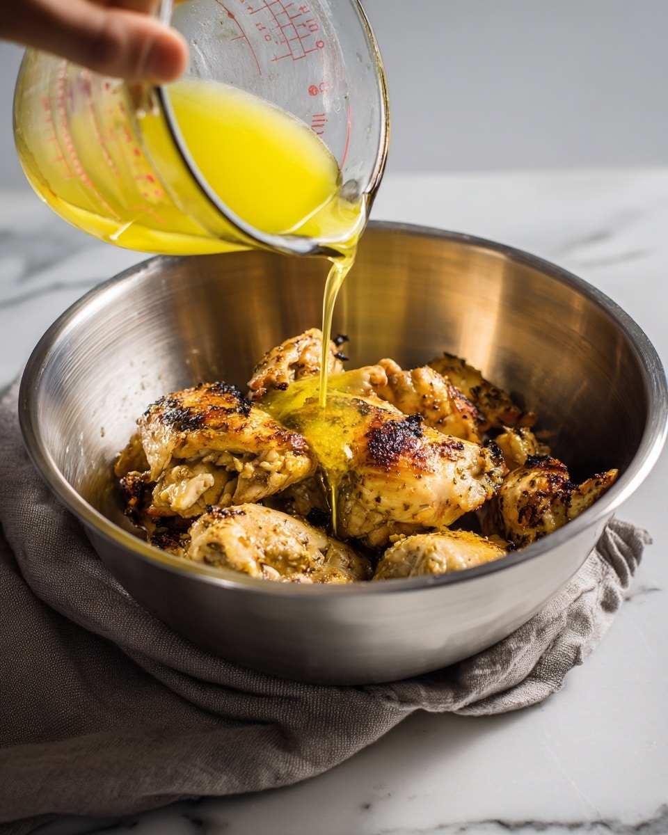 Inside a shiny silver mixing bowl, several pieces of cooked chicken with a golden brown and slightly charred surface sit closely together as a stream of bright yellow melted butter is poured over them from a clear glass measuring cup held by a woman's hand. The scene is set on a white marbled surface with a soft folded gray cloth nearby, highlighting the warm tones of the chicken and the liquid. photo taken with an iphone --ar 4:5 --v 7