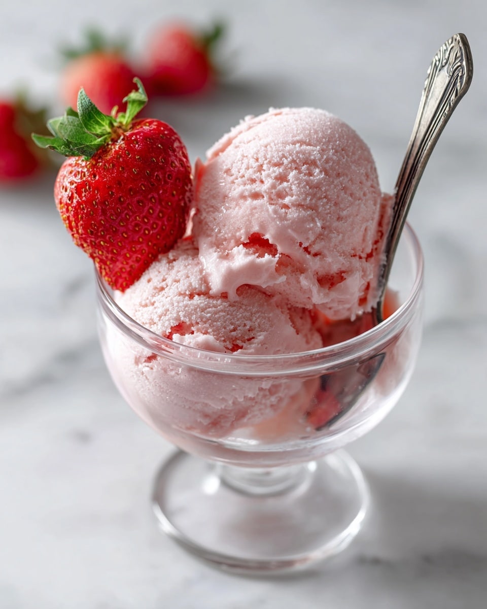 The image shows a clear glass cup filled with two scoops of pale pink ice cream, which has a soft, slightly rough texture. On top of the ice cream, there is a fresh red strawberry half with vibrant green leaves, laying near the rim of the glass. A metal spoon is placed inside the glass, resting against the side. The background is a white marbled surface with blurred strawberries in the distance, creating a light and fresh atmosphere. photo taken with an iphone --ar 4:5 --v 7