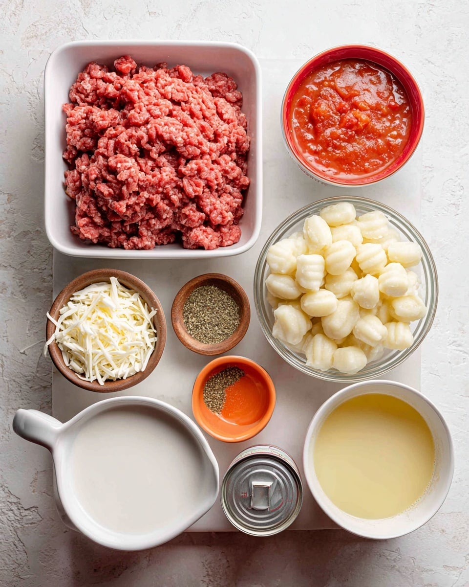 The image shows a white tray with fresh raw ground beef in the top left, a brown box of Delallo potato gnocchi to the right on a white marbled surface, a small red bowl with chopped garlic above the center, and a small orange bowl with Italian seasoning to the left of the garlic. Below is a white bowl filled with chopped white onion, next to a can with diced tomatoes on the right. A measuring cup with shredded parmesan cheese is at the bottom left, a measuring cup filled with white heavy cream is beside it, and another measuring cup filled with light yellow chicken broth is placed to the right of the heavy cream. Each ingredient is clearly separated and labeled. Photo taken with an iphone --ar 4:5 --v 7