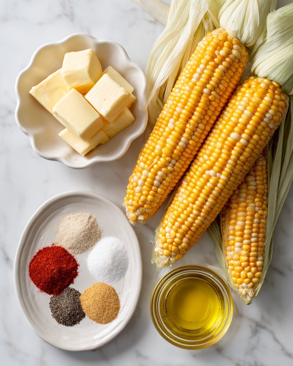 Three ears of corn on the cobb with yellow and white kernels are partly husked to show the bright corn inside. Above the corn is a small white scalloped bowl holding three square blocks of pale yellow butter. To the right is a clear glass bowl filled with golden olive oil. At the bottom left, there is a white plate with various colorful spices arranged in sections, including red, black, tan, and white powders. The whole scene is set on a white marbled surface. Photo taken with an iphone --ar 4:5 --v 7