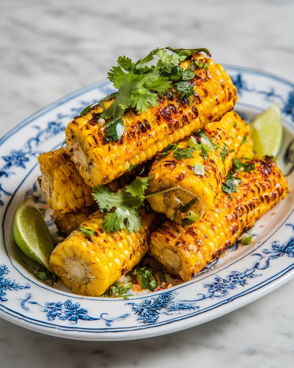 On a white plate with blue spots, there are many grilled corn pieces cut into sections showing bright yellow kernels with light brown char marks. The corn pieces are stacked and scattered with small green cilantro leaves on top for color contrast. In the top right corner of the plate, two shiny metal serving spoons rest partially on the corn. In the bottom left of the plate, there is half a fresh green lime placed on a piece of light brown parchment paper beneath the corn, adding a fresh hint to the image. The whole setup is on a white marbled surface. Photo taken with an iphone --ar 4:5 --v 7