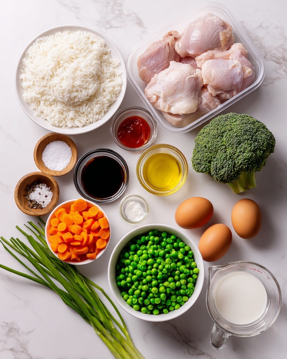A top-down view of various cooking ingredients arranged neatly on a white marbled surface, including a white bowl filled with white rice at the top left, a clear plastic container holding raw light pink chicken thighs at the top right, a whole green broccoli floret near the center right, and a white bowl with mixed orange carrots and green peas at the bottom left. Small white bowls containing dark brown soy sauce, light yellow sesame oil, transparent rice vinegar, and golden oil are placed around the center. Wooden small bowls with white salt and black pepper sit near the middle left. Two whole brown eggs rest in a transparent small bowl at the bottom right, near a clear measuring cup with water. A small white bowl of orange-red sriracha, a white bowl with creamy white mayo, and a bunch of fresh green onions are also included, all positioned with clear spacing on the white marbled surface. Photo taken with an iphone --ar 4:5 --v 7