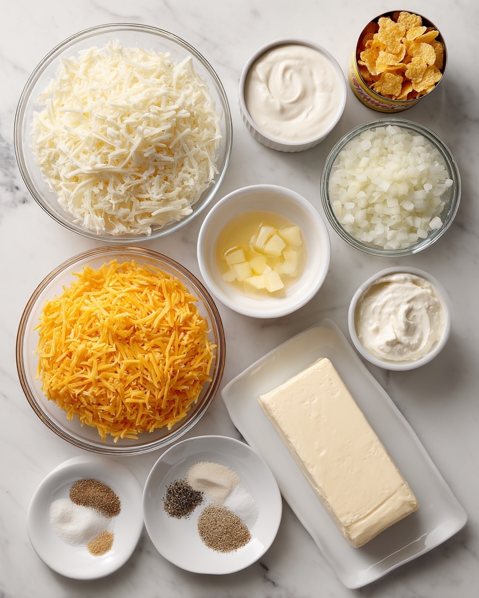 The image shows several clear glass bowls and white plates arranged on a white marbled surface, each holding different ingredients. Starting from the top left, there is a large bowl filled with white shredded potatoes. To the right is a medium bowl with corn flakes, followed by another medium bowl with white creamy sour cream. Below, there is a white bowl with melted butter and a smaller white bowl with melted butter as well. There is an open can of yellow creamed corn on the far right. At the bottom left, there is a large bowl filled with shredded orange cheddar cheese. Next to it, a white plate with seasoning powders in three small piles – black pepper, garlic powder, and onion powder. To the right, a small white plate holding a block of smooth white cream cheese. Next to it is a clear glass bowl filled with chopped white onions. Everything is well spaced on the white marbled surface, and the ingredients are fresh and clearly textured. Photo taken with an iphone --ar 4:5 --v 7