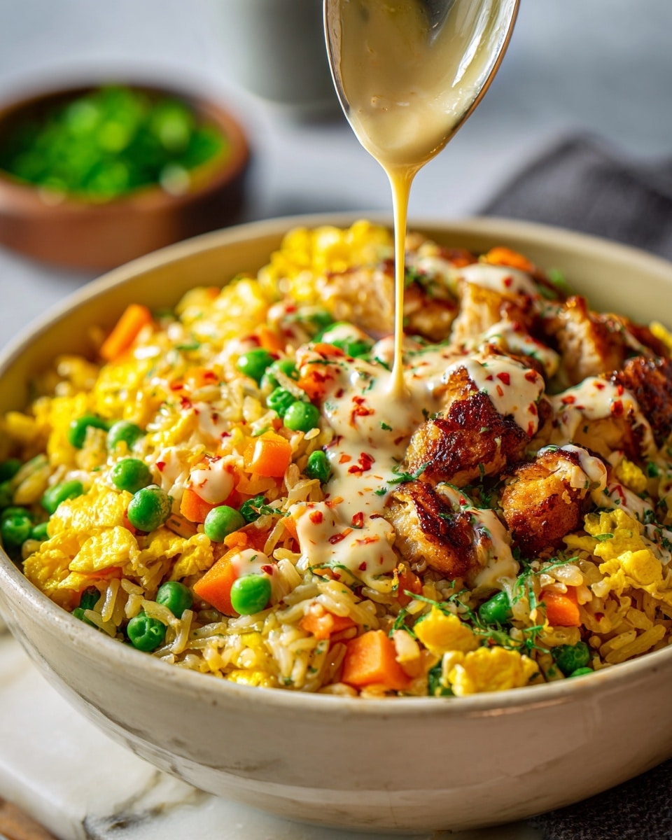 A white pan filled with fried rice as the base layer, mixed evenly with small orange carrot cubes, green peas, and pieces of yellow scrambled eggs, giving a colorful and textured look. On top of this is a layer of browned, glossy chicken chunks glazed with a shiny sauce, scattered mainly toward the center. Small pieces of green onion are sprinkled over the chicken and rice layers for a fresh pop of color. Around the pan are small bowls containing more chopped green onions and a light orange dipping sauce, all set on a white marbled surface. Photo taken with an iphone --ar 4:5 --v 7