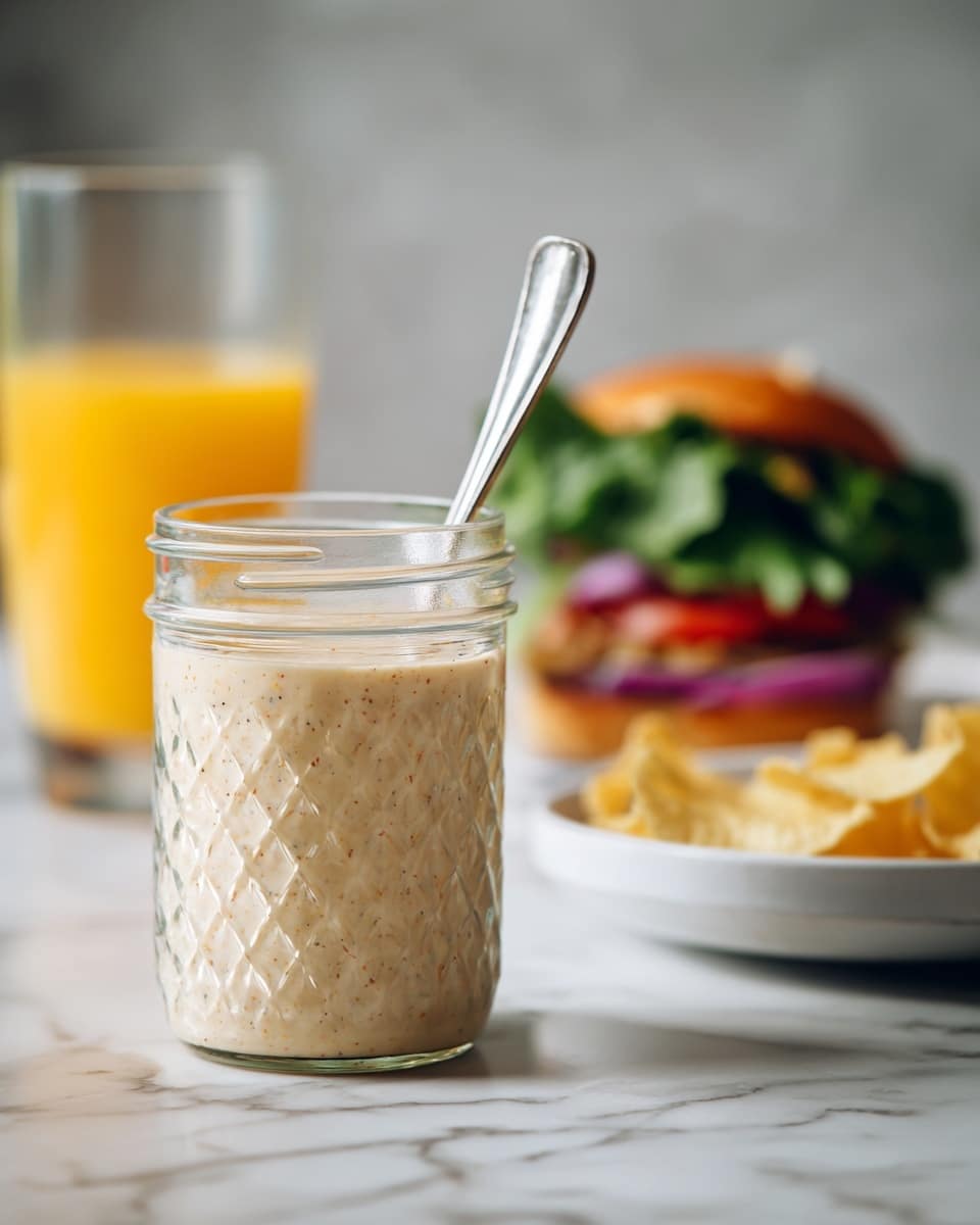 A clear glass jar with a textured diamond pattern holds a creamy beige sauce with tiny specks visible throughout, filling about three-quarters of the jar. A long silver spoon stands inside the jar, leaning slightly to the right. In the blurred background, on a white marbled surface, there is a white plate with a stacked burger showing layers of green lettuce, red tomato, purple onion, and a light brown bun. Beside the burger plate, there is a pile of pale yellow chips. To the left, a glass filled with orange juice adds a splash of bright color. The photo is taken with an iphone --ar 4:5 --v 7