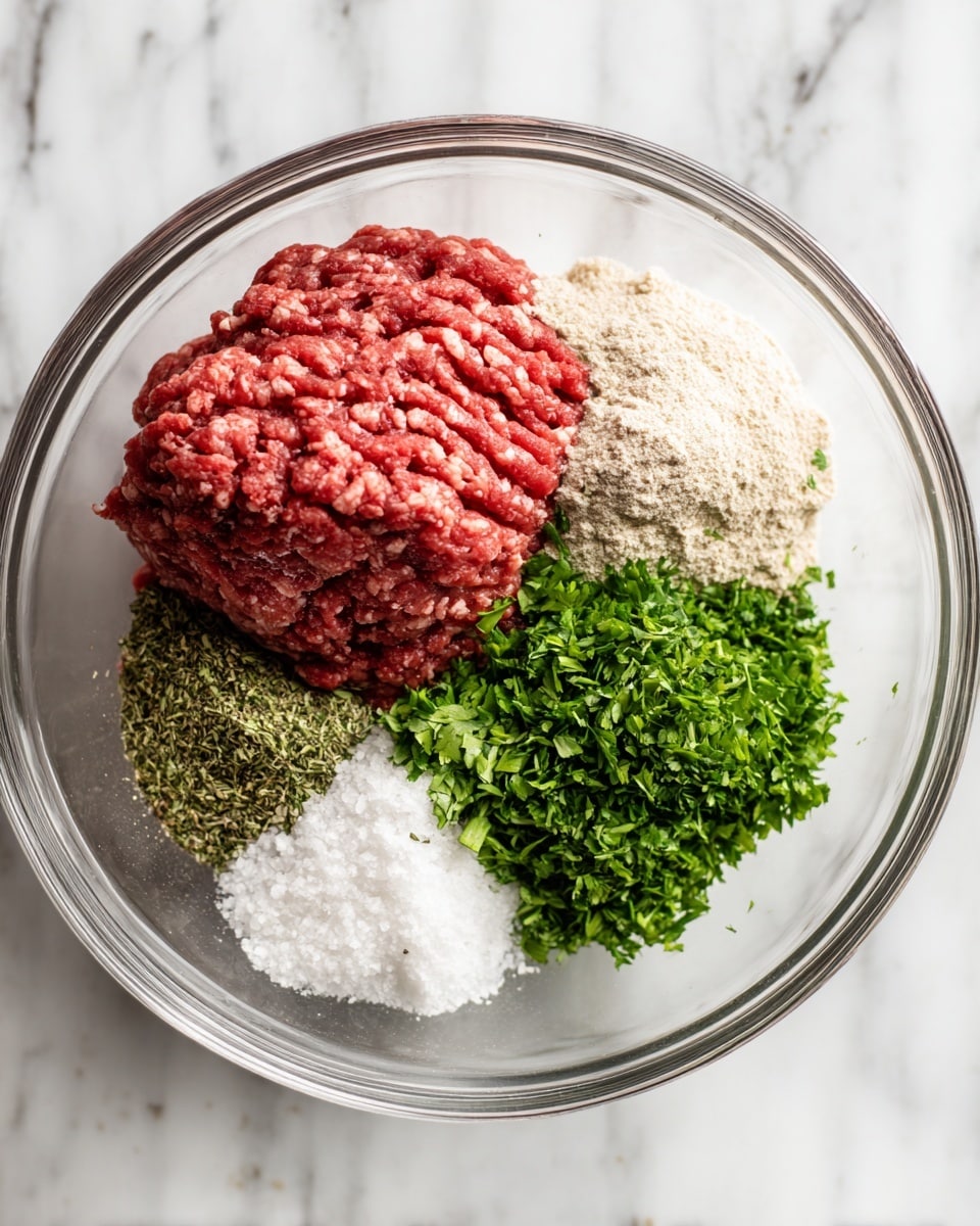 A clear glass bowl holds several layers of ingredients arranged side by side. On the left is a large block of red ground meat with a textured pattern. To the right of the meat are four separate piles: a light beige powder, a green mix of dried herbs, a small heap of bright green fresh chopped herbs, and a white granular pile resembling salt. The bowl is set on a white marbled surface. photo taken with an iphone --ar 4:5 --v 7