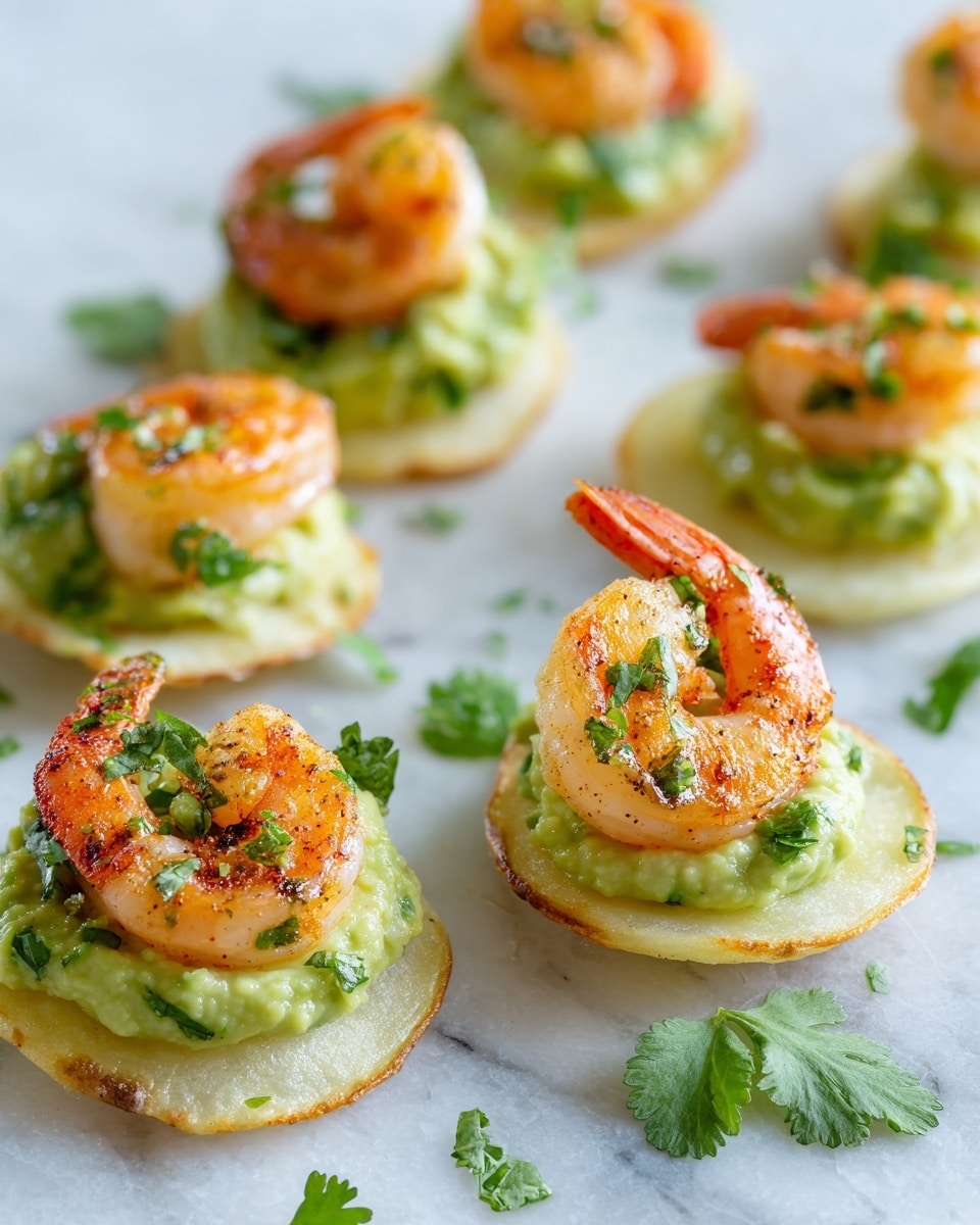 This image shows multiple small round white chips arranged on a white marbled surface. Each chip has a thick green layer of mashed avocado with small bits of herbs inside. On top of the avocado, there is one cooked shrimp with a bright orange and light pink color, curled and lightly seasoned. Small pieces of green herbs are sprinkled over the shrimp and avocado. Fresh green cilantro leaves are scattered around the chips on the marbled background. The overall image is bright and colorful with a fresh look, photo taken with an iphone --ar 4:5 --v 7