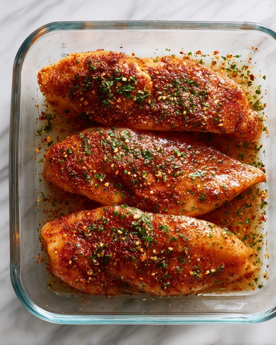 The image shows three raw chicken fillets arranged closely in a clear glass baking dish placed on a white marbled surface. Each fillet is coated with a reddish-brown dry spice rub mixed with visible small green herb flakes, giving a textured and evenly covered look. The fillets have a glistening surface from some oil or moisture, making the spices stick well. The clear baking dish has light reflections and some seasoning particles scattered on its bottom, shown in sharp focus under warm light. photo taken with an iphone --ar 4:5 --v 7