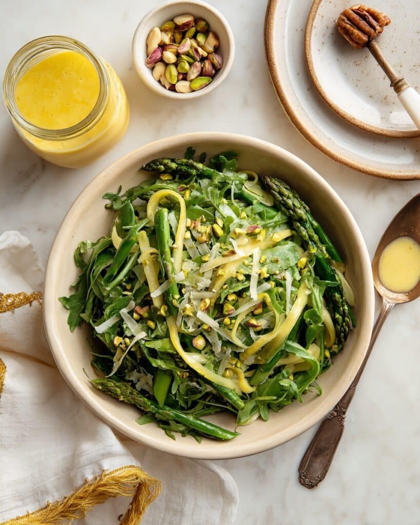 Shaved Asparagus Salad with Arugula, Avocado, Parmesan, and Pistachios Recipe