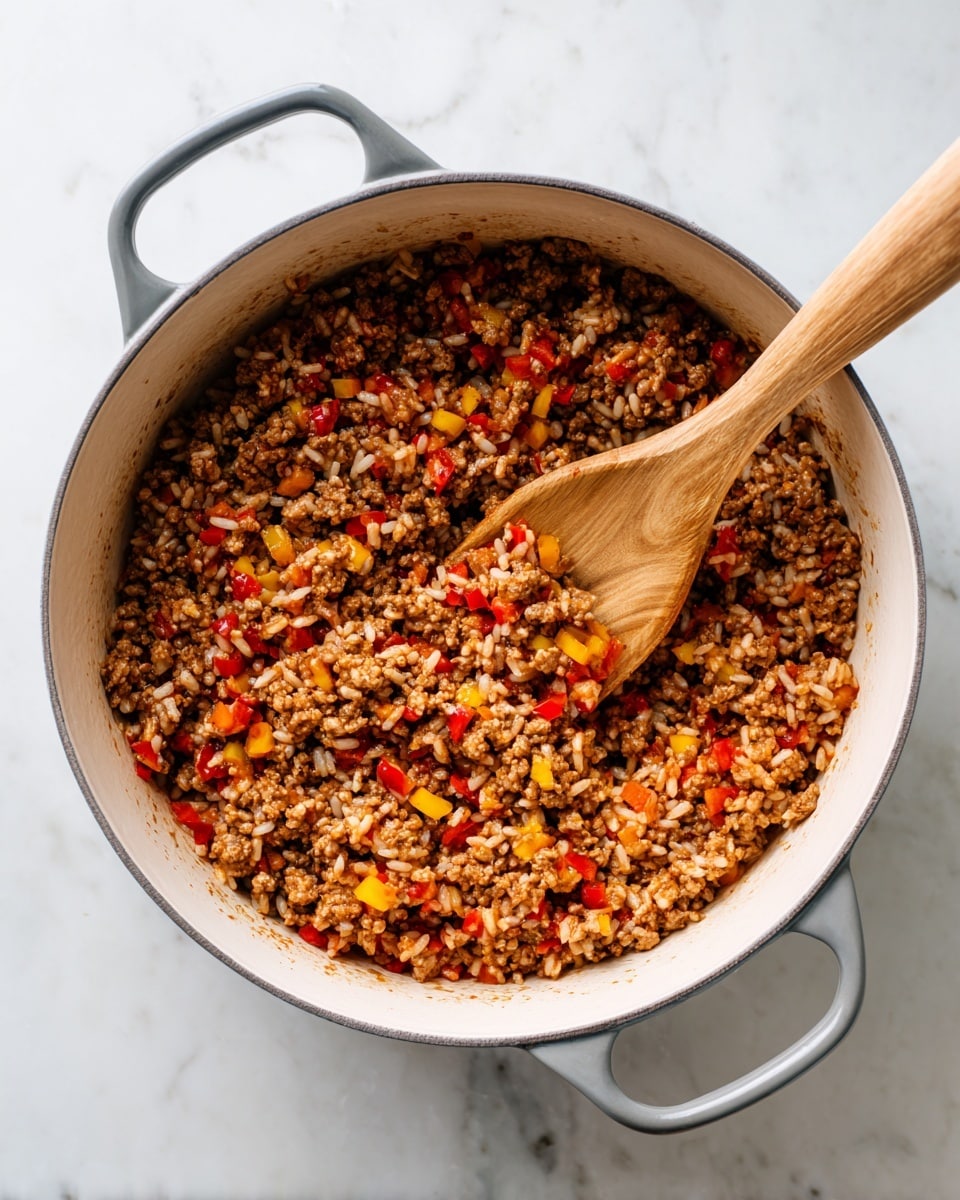 A round white pot with gray handles filled with a mix of cooked ground meat, small white rice grains, and chopped red and yellow bell peppers. The food looks soft and juicy, with the meat and rice spread evenly throughout. A wooden spoon with some food stuck on it is resting in the middle of the pot on top of the mixture. The pot is placed on a white marbled surface. photo taken with an iphone --ar 4:5 --v 7