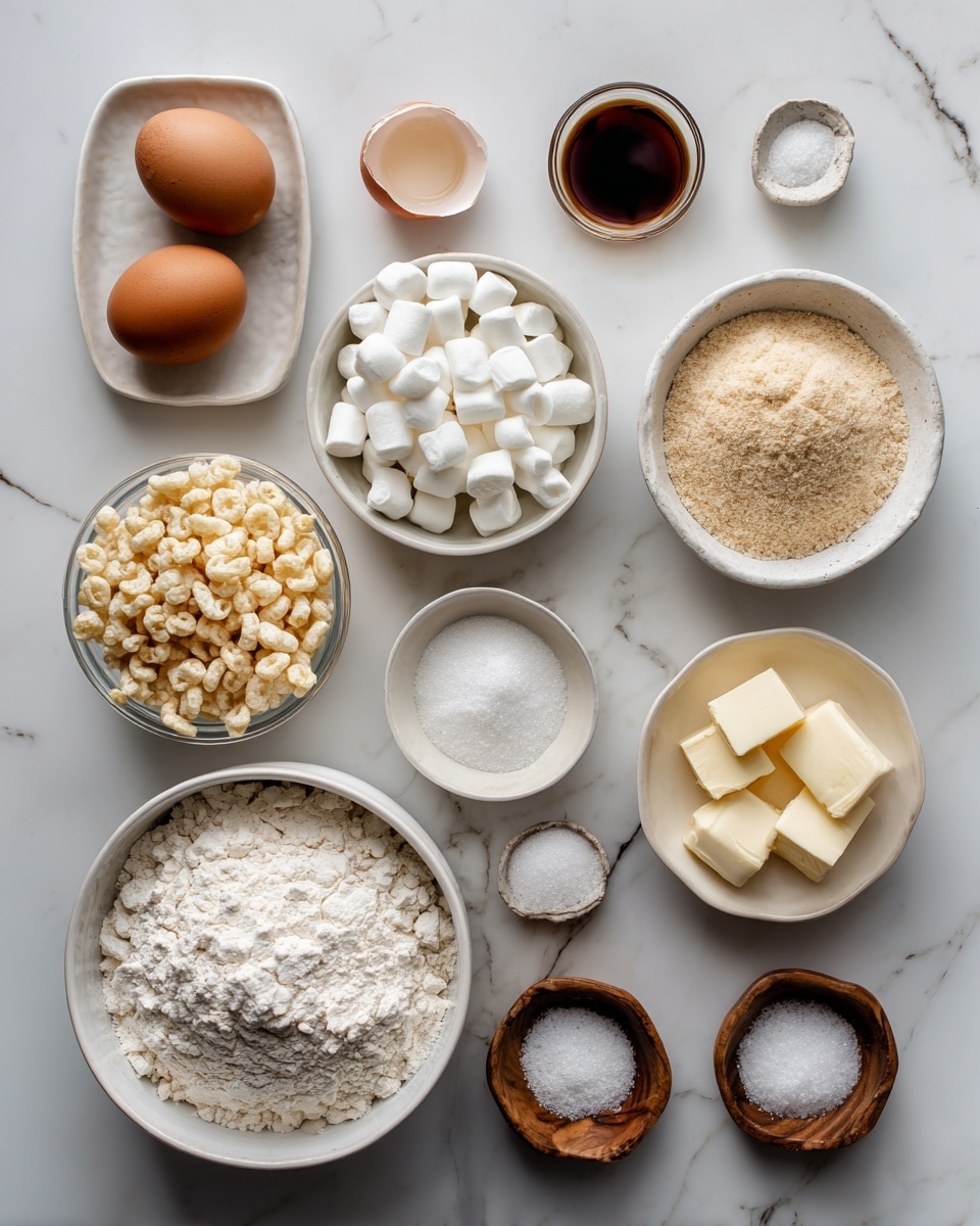 The image shows ten bowls and dishes with baking ingredients placed on a white marbled surface. In the bottom right, a large white bowl is filled with white flour. Next to it on the left, a small bowl holds puffed rice cereal with a pale yellow color. Below that, a white bowl contains white mini marshmallows. In the middle row from left to right, there is a glass bowl filled with white sugar, a large bowl filled with light brown sugar, and a white bowl with pale yellow butter pieces. At the top left, a white dish has two brown eggs alongside a small cracked eggshell holding dark vanilla extract. Surrounding the bowls are three small wooden bowls with white salt, baking powder, and sea salt. photo taken with an iphone --ar 4:5 --v 7