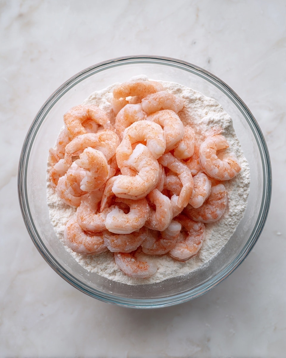 A clear glass bowl sits on a white marbled surface, filled with small, pink shrimp arranged in a loose pile. Underneath the shrimp, there is a layer of white powdery flour that lightly coats the bottom of the bowl and parts of the shrimp. The shrimp have a slightly translucent, smooth texture with a gentle curve, and their color shifts from light to deeper pink tones. The clear glass bowl shows all details inside clearly. photo taken with an iphone --ar 4:5 --v 7