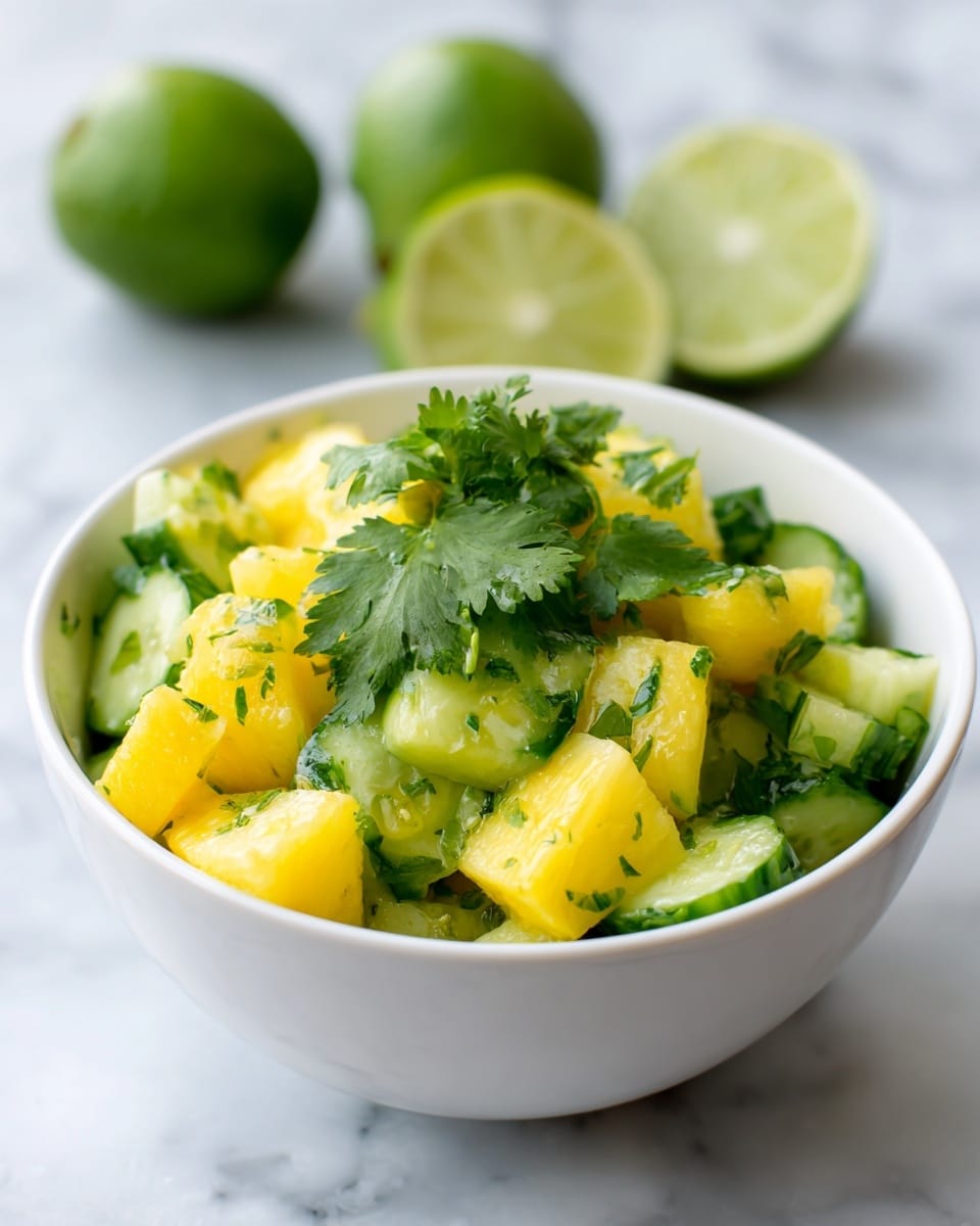 A clear glass bowl filled with a colorful mix of fresh pineapple chunks in bright yellow and cucumber pieces in light and dark green, layered closely together. Lime wedges with light green flesh and darker green skins are placed on top and around the mix, adding vibrant contrast. A green cilantro leaf with textured edges rests near the center on top of the ingredients. The bowl sits on a white marbled surface, and a wooden spoon with a smooth texture is partially visible on the right side. Photo taken with an iphone --ar 4:5 --v 7