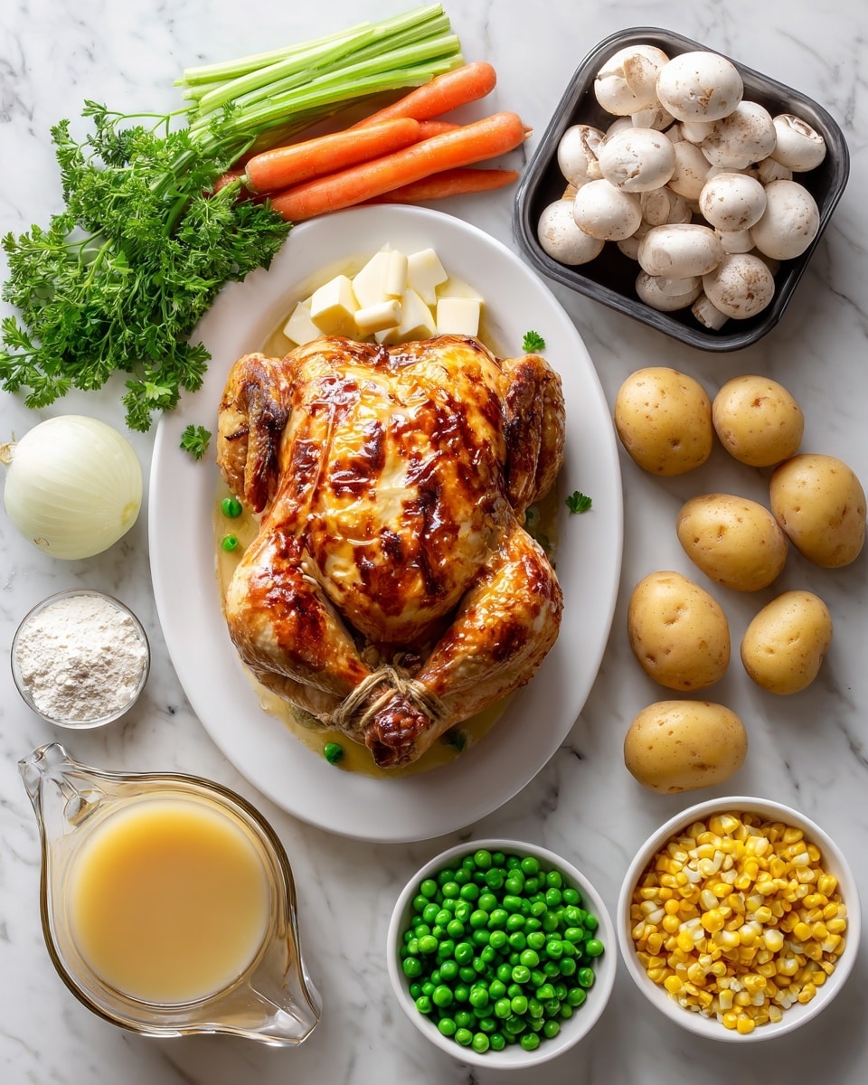 A roasted whole chicken with golden-brown crispy skin sits centered on a white oval plate in the lower left corner. Surrounding the chicken on the white marbled surface are fresh vegetables and ingredients: three whole carrots and three celery stalks positioned horizontally above the chicken, a bunch of green parsley beside them, and five light brown potatoes to the right. In the upper right corner is a black container holding white mushrooms. Below the potatoes and mushrooms are two small white bowls; the left one filled with green peas and the right one with yellow corn kernels. Next to these bowls is a large clear glass measuring cup filled with golden broth, and a smaller clear glass cup with light cream. A whole onion, three garlic cloves, a small block of butter, and a measuring cup with white flour are also arranged neatly in the upper left area of the image. Photo taken with an iphone --ar 4:5 --v 7