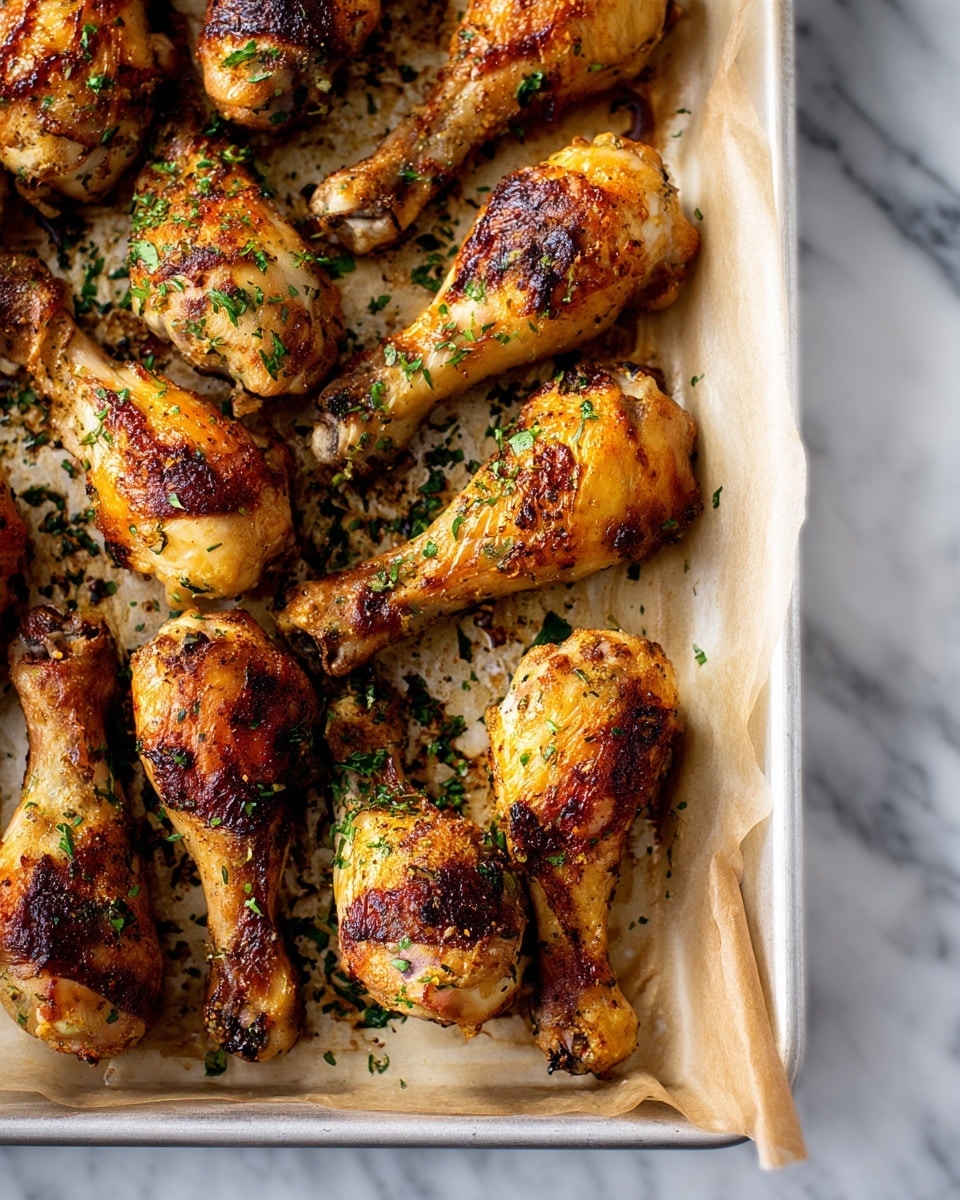 A tray with 18 golden brown chicken drumsticks arranged loosely, their skin browned and crispy with some darker charred spots. The drumsticks have scattered green herb flakes on top, adding a fresh touch. The tray is lined with a light beige baking mat that has browned oils and seasoning marks around the edges. The background is a white marbled texture. photo taken with an iphone --ar 4:5 --v 7