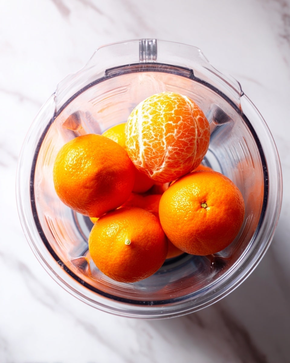 The image shows a clear blender jar placed on a white marbled surface, containing four peeled oranges. The oranges are bright orange with white pith still visible in parts. One orange is positioned slightly on top, showing its inner sections clearly, while the others sit around it, filling the bottom center of the blender jar. The inside of the blender is shiny and reflective, emphasizing the round texture of the oranges. Photo taken with an iphone --ar 4:5 --v 7