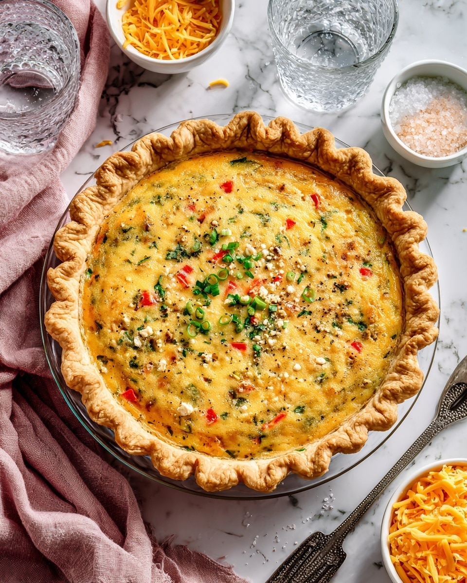 A round quiche with a light golden-brown crust that is thick and crimped around the edges, filled with a yellow egg mixture mixed with small pieces of red bell pepper, green herbs, and white cheese crumbles scattered on top. The quiche is sliced into pieces with one triangular slice lifted on a silver spatula featuring cut-out shapes. The quiche sits on a clear glass pie plate placed on a white marbled surface. Nearby, there is part of a white plate with a black rim holding a slice of the quiche and a gold fork resting on the plate, with another gold fork nearby on the marble surface. Photo taken with an iphone --ar 4:5 --v 7