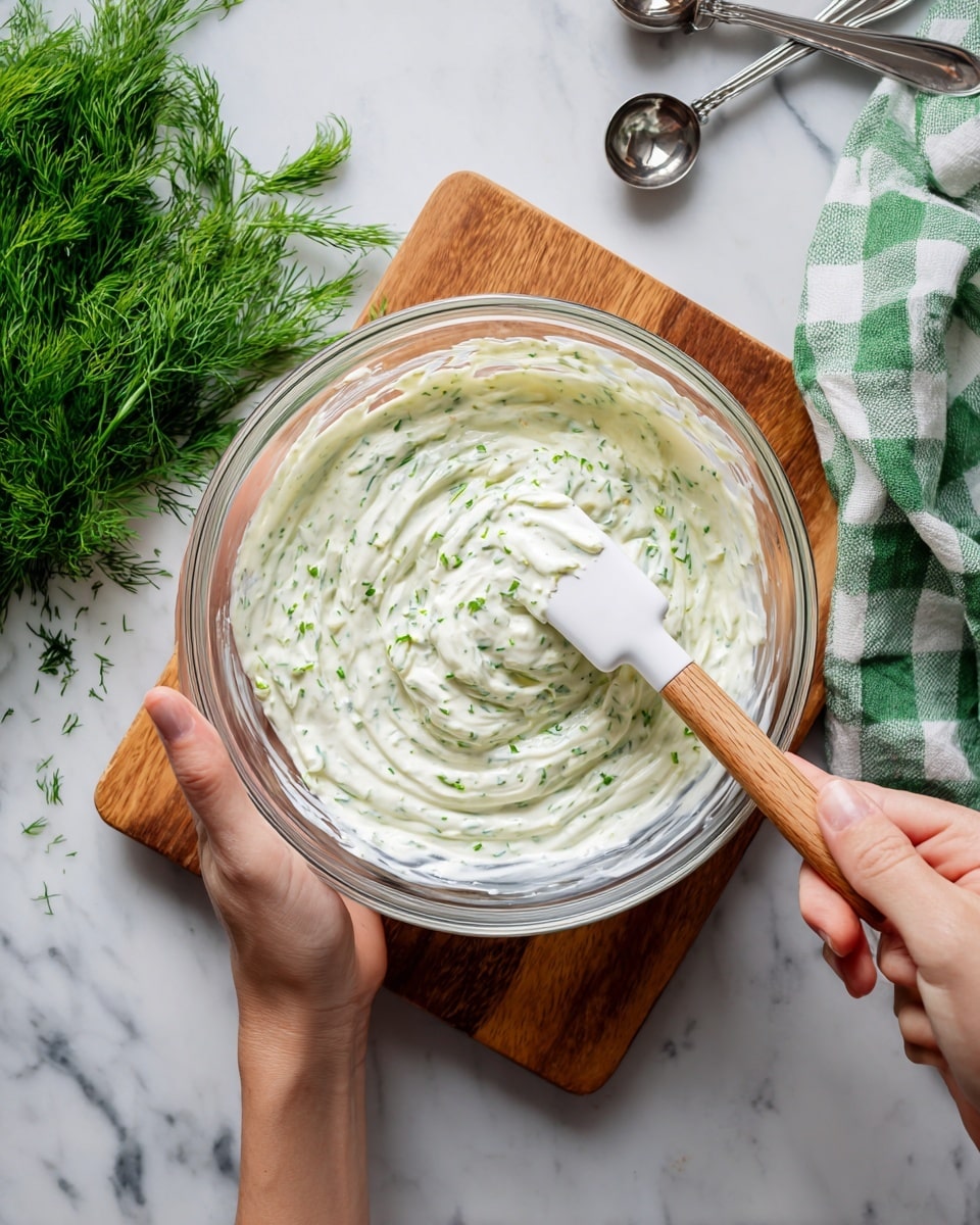 A clear glass bowl filled with thick, creamy white sauce mixed with small green herb bits is being stirred by a woman's hand holding a wooden spatula with a white silicone head, while another woman's hand steadies the bowl from the side; the bowl sits on a white marbled surface next to a wooden cutting board with fresh, bright green dill sprigs and a green-and-white checkered towel partially under the bowl, with metal measuring spoons in the background. photo taken with an iphone --ar 4:5 --v 7
