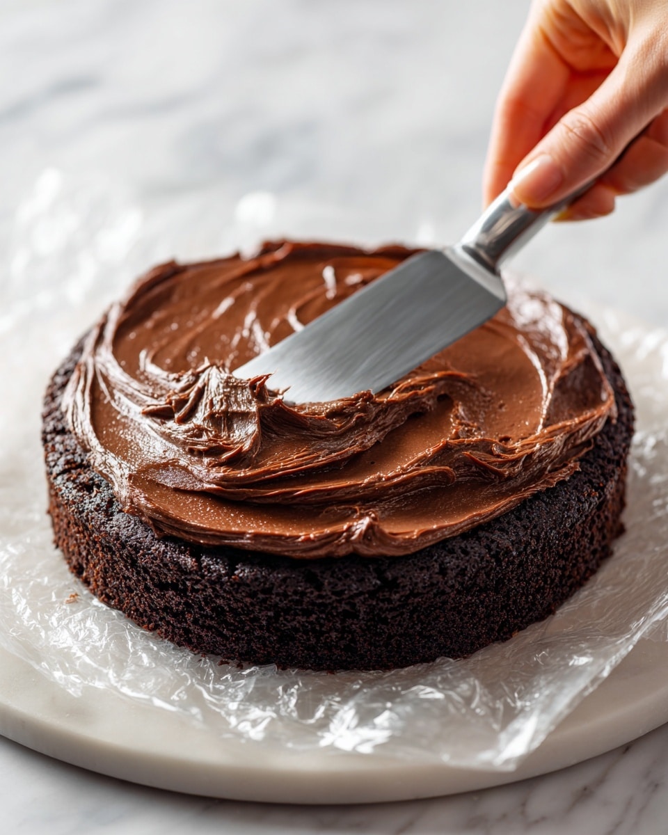 A close-up view of one round dark brown cake layer placed on a white marbled surface covered with clear plastic wrap. A thick layer of shiny chocolate frosting, rich brown in color and smooth in texture, is being spread evenly on top with a metal spatula held by a woman's hand. The frosting covers the center and is being pushed outwards toward the edges of the cake layer. Photo taken with an iphone --ar 4:5 --v 7