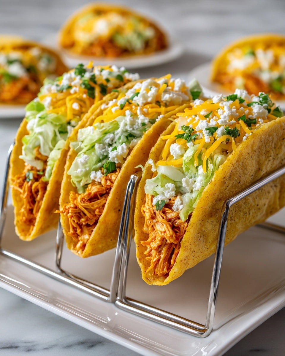 Three fried taco shells are held upright in a metal taco holder on a white plate with a white marbled texture underneath. Each taco has a base layer of shredded light green lettuce, topped with shredded orange chicken covered in an orange sauce. On top of the chicken, there is a layer of shredded yellow cheddar cheese and white crumbled cheese scattered with small green herb pieces. In the background, more tacos are visible on white plates, all placed on the same white marbled surface. photo taken with an iphone --ar 4:5 --v 7