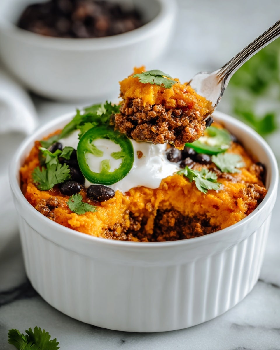 The image shows a white rectangular baking dish filled with a layered casserole. The bottom layer is a dark brown mix that looks like cooked beans or meat sauce. Above it is a melted, golden orange cheese layer covering the dish unevenly. On top of the cheese, there is a dollop of white sour cream or sauce in the center. Scattered around and on top of the white sauce are black beans and slices of fresh green jalapeño peppers with seeds visible inside. Fresh green cilantro leaves are sprinkled generously over everything. The dish is placed on a white marbled surface with a light green cloth partly visible underneath the baking dish. photo taken with an iphone --ar 4:5 --v 7