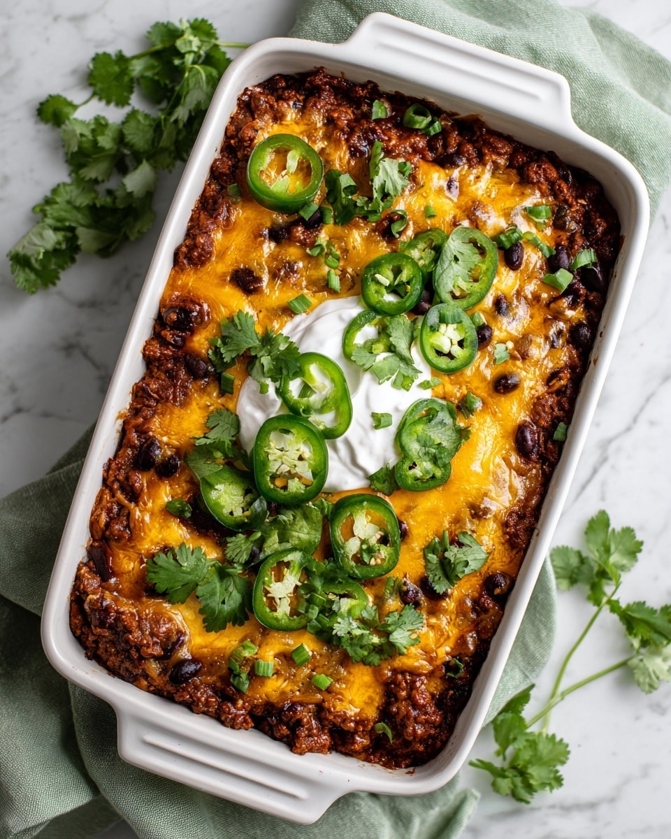 A white bowl contains a layered dish with a bottom layer of crumbly brown ground meat, topped with a thick, moist orange layer resembling mashed sweet potato with a browned crust on top. Above that is a dollop of white sour cream, covered with scattered black beans and garnished with bright green cilantro leaves and slices of green jalapeño. A silver spoon is catching some of the layers, with a white marbled surface under the bowl and part of a white bowl with more black beans slightly visible in the top left corner. Photo taken with an iphone --ar 4:5 --v 7