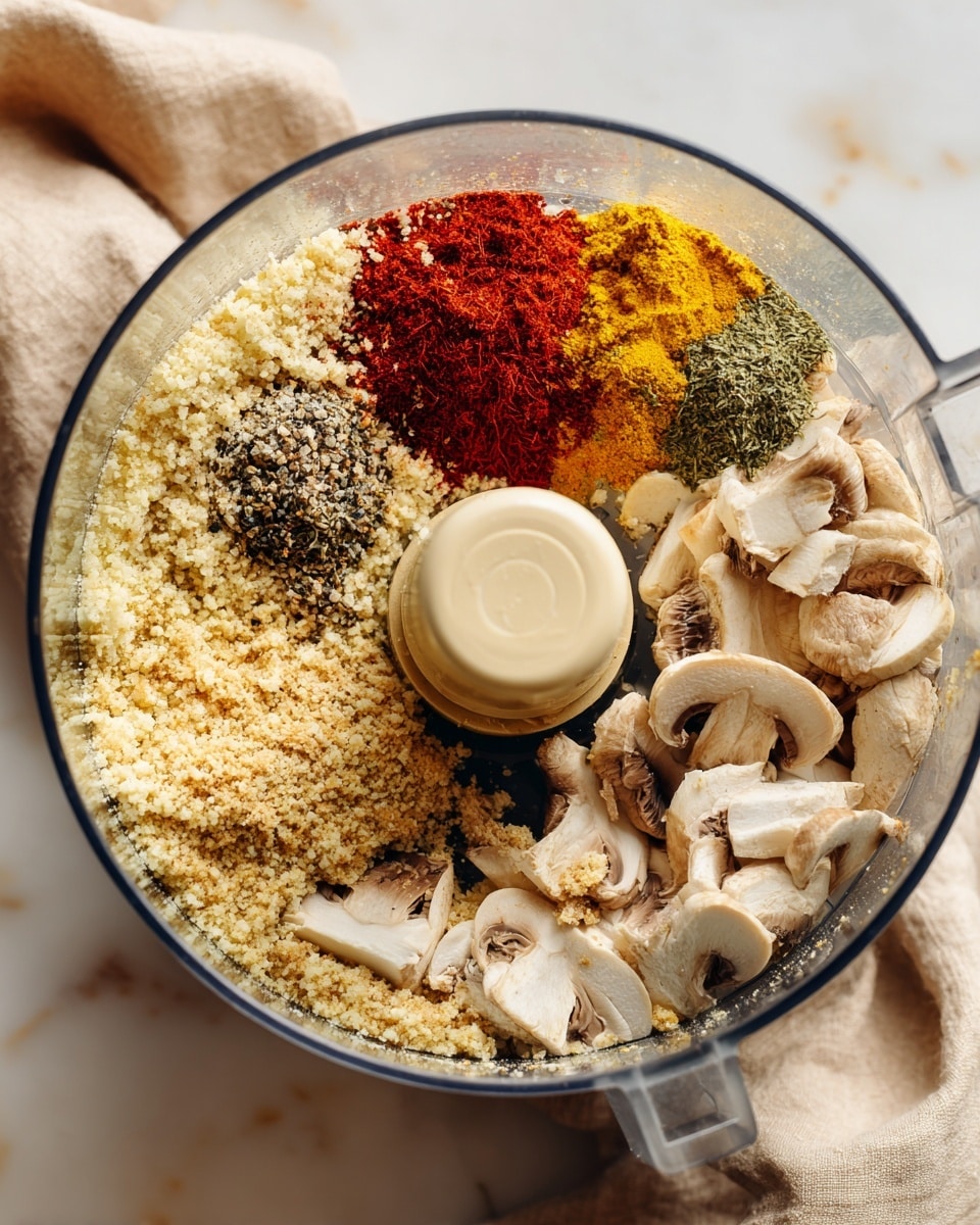 A clear food processor bowl shows layers of ingredients inside, resting on a white marbled surface. The bottom right section has light brown chopped mushrooms with a soft texture. Spread along the top are several small piles of dry spices, including red, yellow, and green powders, as well as some coarse salt and black pepper mixed in. On the left, there is a thick layer of finely chopped nuts or breadcrumbs in a pale golden color. The bowl has a beige central blade attachment visible in the middle. In the background, a beige cloth is partially folded. photo taken with an iphone --ar 4:5 --v 7