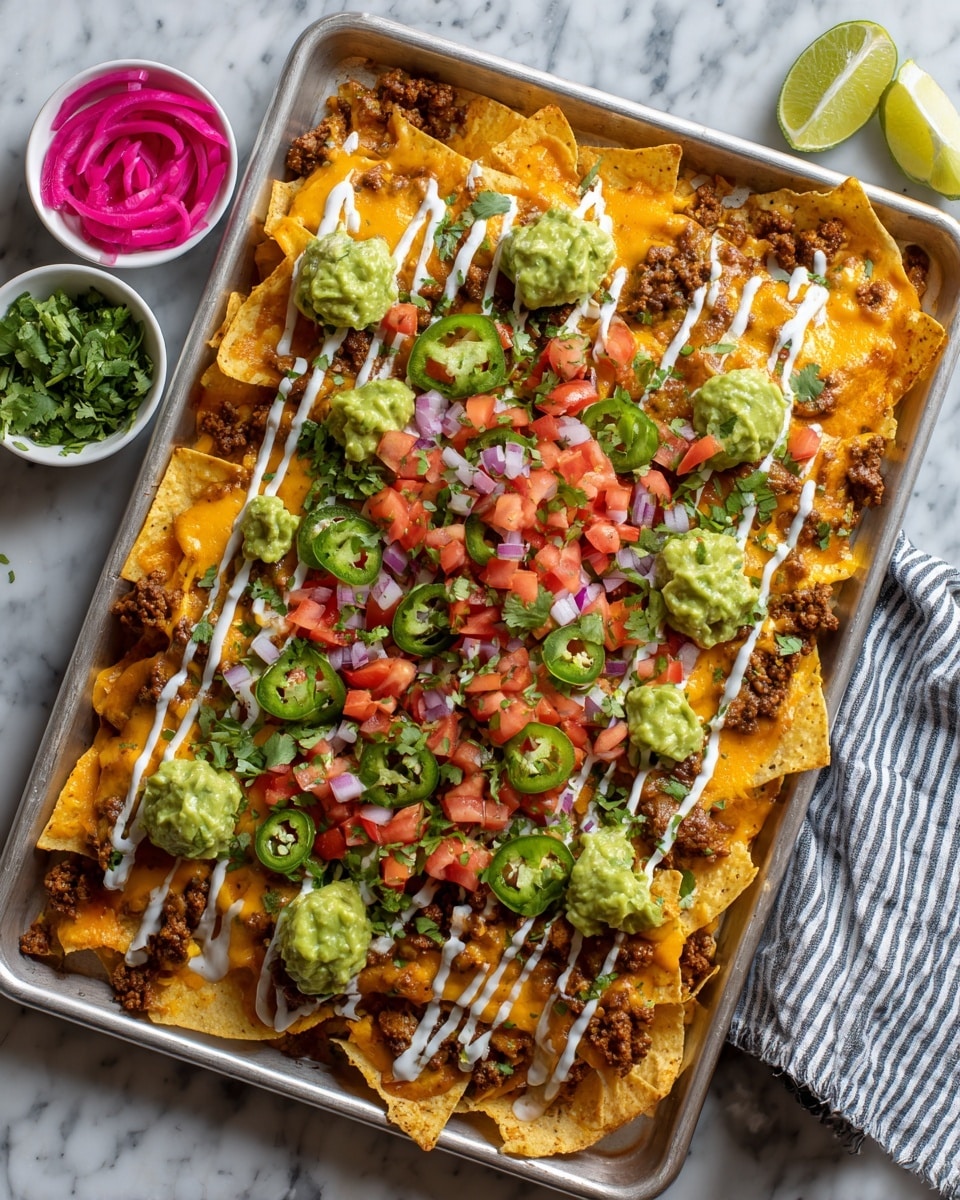 A large metal baking tray filled with layered nachos starting with a base of golden tortilla chips spread evenly. Over them, there are scattered cooked ground meat pieces with a crumbly texture, followed by melted orange cheese sauce drizzled over chips. Next, green guacamole dollops, fresh red diced tomatoes, chopped cilantro, thin slices of green jalapeños, and pale purple pickled onions are spread evenly. White creamy sauce is drizzled lightly across the top. In the top left corner of the tray, a white bowl holds bright pink pickled onions, while the bottom right corner has a white bowl with fresh chopped green cilantro. Two lime wedges rest in the top right corner of the tray. The tray sits on a white marbled surface with a striped cloth on the right. Photo taken with an iphone --ar 4:5 --v 7