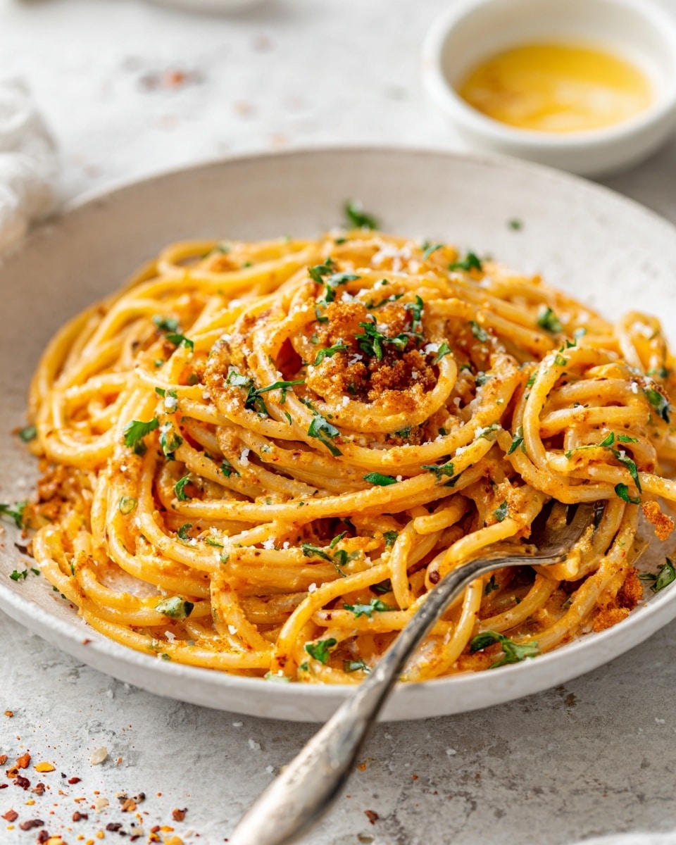A close-up of a large white bowl filled with thick spaghetti noodles covered in a creamy orange-brown sauce mixed with small pieces of meat or vegetables. The pasta is sprinkled with small green herb bits and a light dusting of grated cheese. A silver fork rests inside the bowl, twirling some noodles at the front right side. The bowl sits on a white marbled surface with blurred bowls in the background, one light blue. The lighting is soft and natural, highlighting the rich colors and textures. photo taken with an iphone --ar 4:5 --v 7
