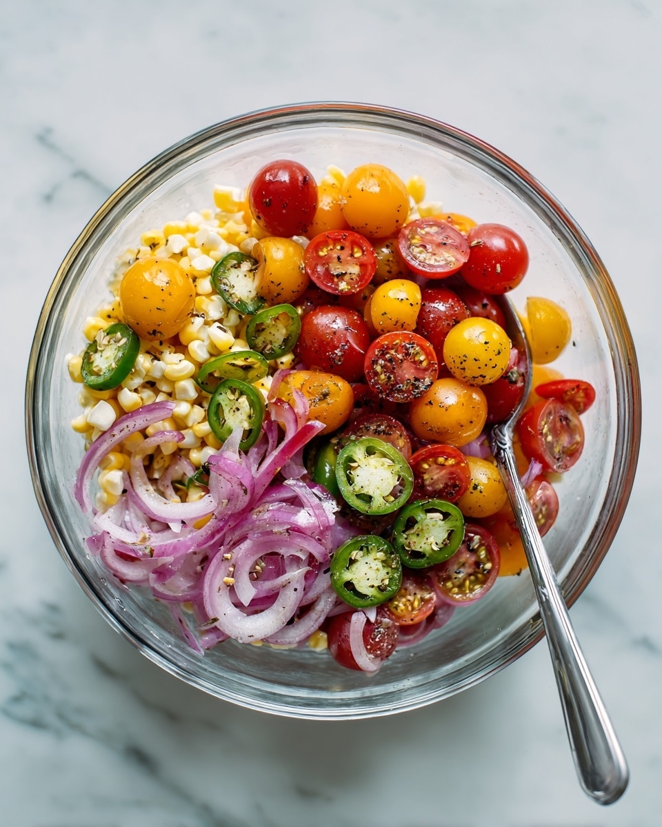 A clear glass bowl holds a colorful salad with three clear layers; the bottom layer is white corn kernels mixed with thin slices of purple onion and green jalapeño slices, sprinkled with black pepper. The middle layer is more corn and slices of green jalapeño, visible through the glass. On top, there is a pile of mixed red and orange cherry tomatoes that are halved and quartered. A silver spoon rests inside the bowl on the right side. The bowl sits on a white marbled surface. photo taken with an iphone --ar 4:5 --v 7