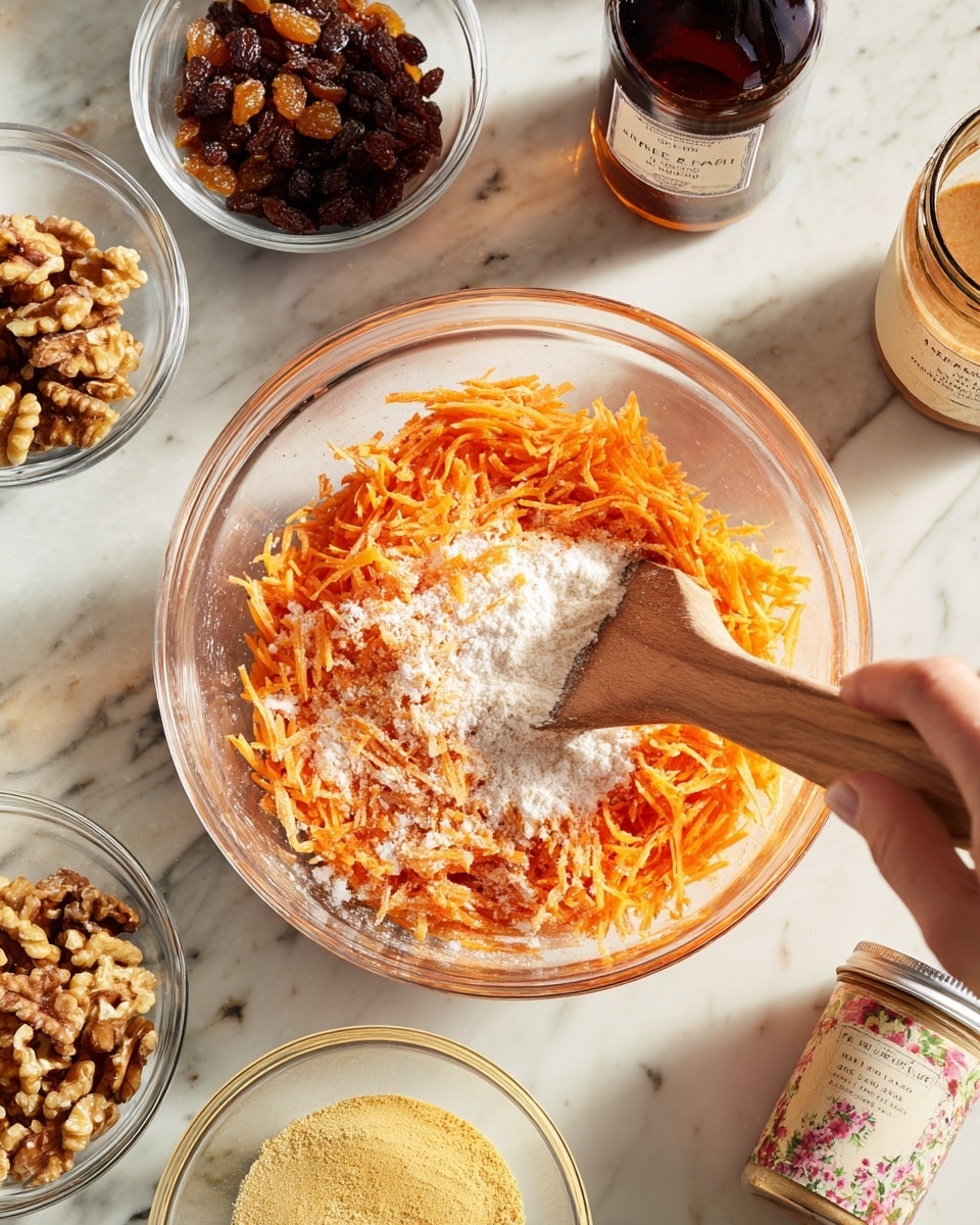 A clear glass bowl at the center contains an orange shredded carrot mixture with a white powdery flour layer being poured in from a clear glass jar held by a woman's hand at the lower left corner; a wooden spatula with a light handle rests inside the bowl. Surrounding the bowl on a white marbled surface are small clear bowls: one with mixed dark brown and golden raisins on the left, one with walnut pieces at the top left, one with a brown powder above the bowl, and one with a light yellow powder next to it. A bottle with dark liquid is near the brown powder, and a jar with a floral label and beige spread is partially visible on the right. Photo taken with an iphone --ar 4:5 --v 7