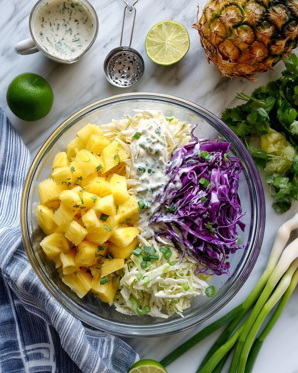 A clear glass bowl holds a layered salad with bright yellow pineapple chunks on one side and a mix of finely chopped green onions, shredded purple and white cabbage, and green pepper on the other. The salad is topped with a creamy white dressing sprinkled with green herbs. Around the bowl on a white marbled surface are a whole pineapple, a metal lime squeezer with a whole lime inside, a halved lime, a halved green chili, a white measuring cup with more creamy dressing, a bunch of green onions, and sprigs of cilantro. A blue and white striped cloth is partially visible near the bottom left. photo taken with an iphone --ar 4:5 --v 7