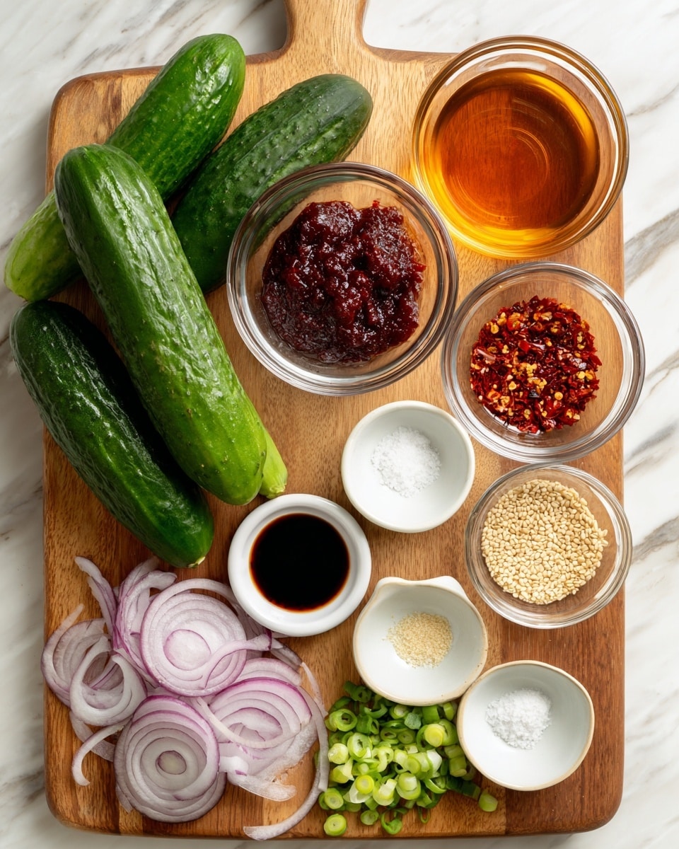 The image shows a wooden board with various ingredients arranged neatly on a white marbled surface. On the left, four whole green cucumbers with a textured skin lie side by side. Next to them are several clear glass bowls with different ingredients: one bowl has a dark red paste with a shiny texture, another contains a thick amber liquid, followed by bowls filled with red chili flakes, chopped white garlic, white granulated sugar, dark soy sauce, and a clear liquid like vinegar. In front of these bowls, small white bowls hold light brown sesame seeds and white salt. There are thinly sliced rings of purple shallots and chopped green scallions placed directly on the board near the bowls. The arrangement is clear, with each ingredient easy to see. Photo taken with an iphone --ar 4:5 --v 7